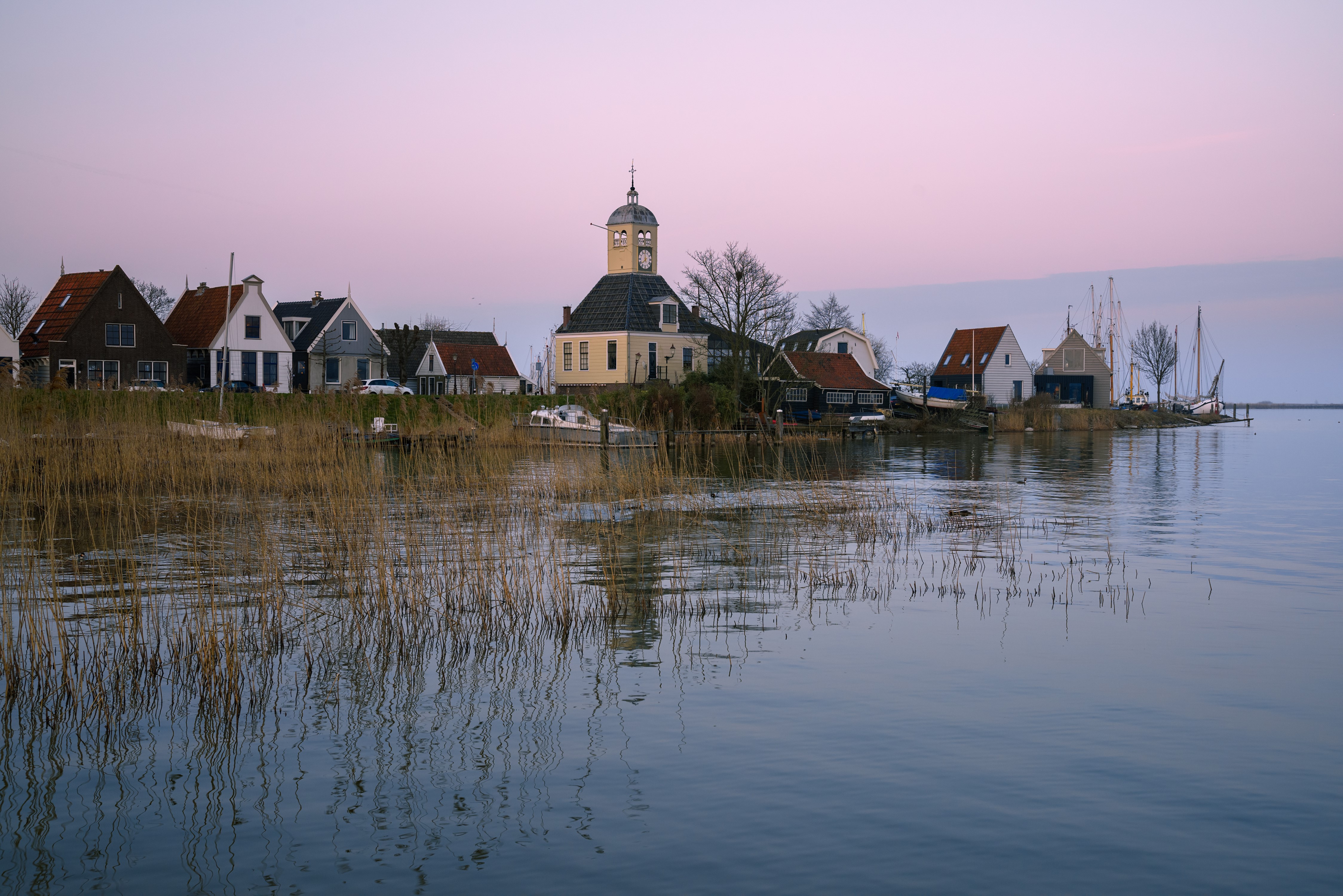 Durgerdam Netherlands village with church and river HD Wallpaper