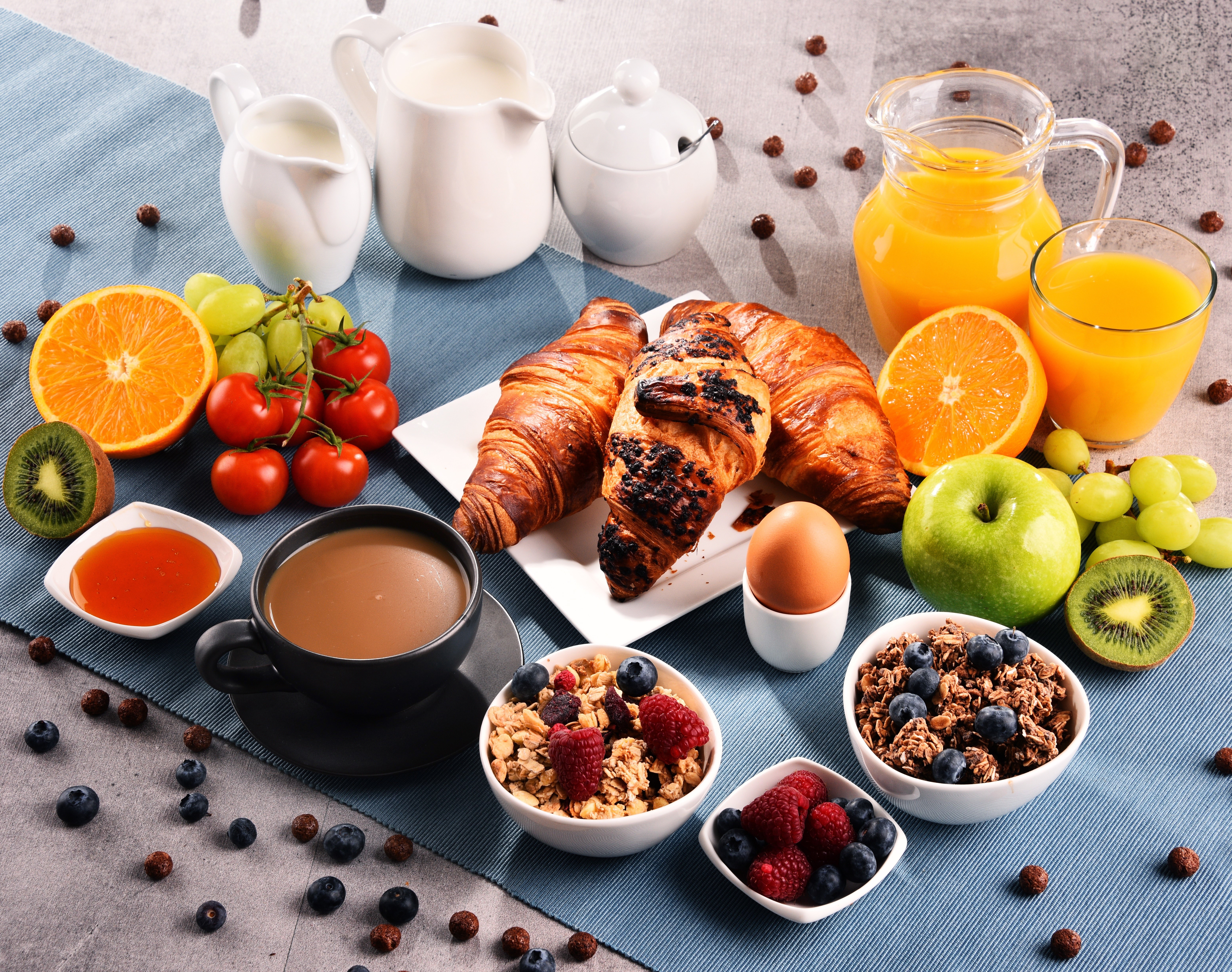 Breakfast with Croissants, Muesli, and Juice HD Wallpaper