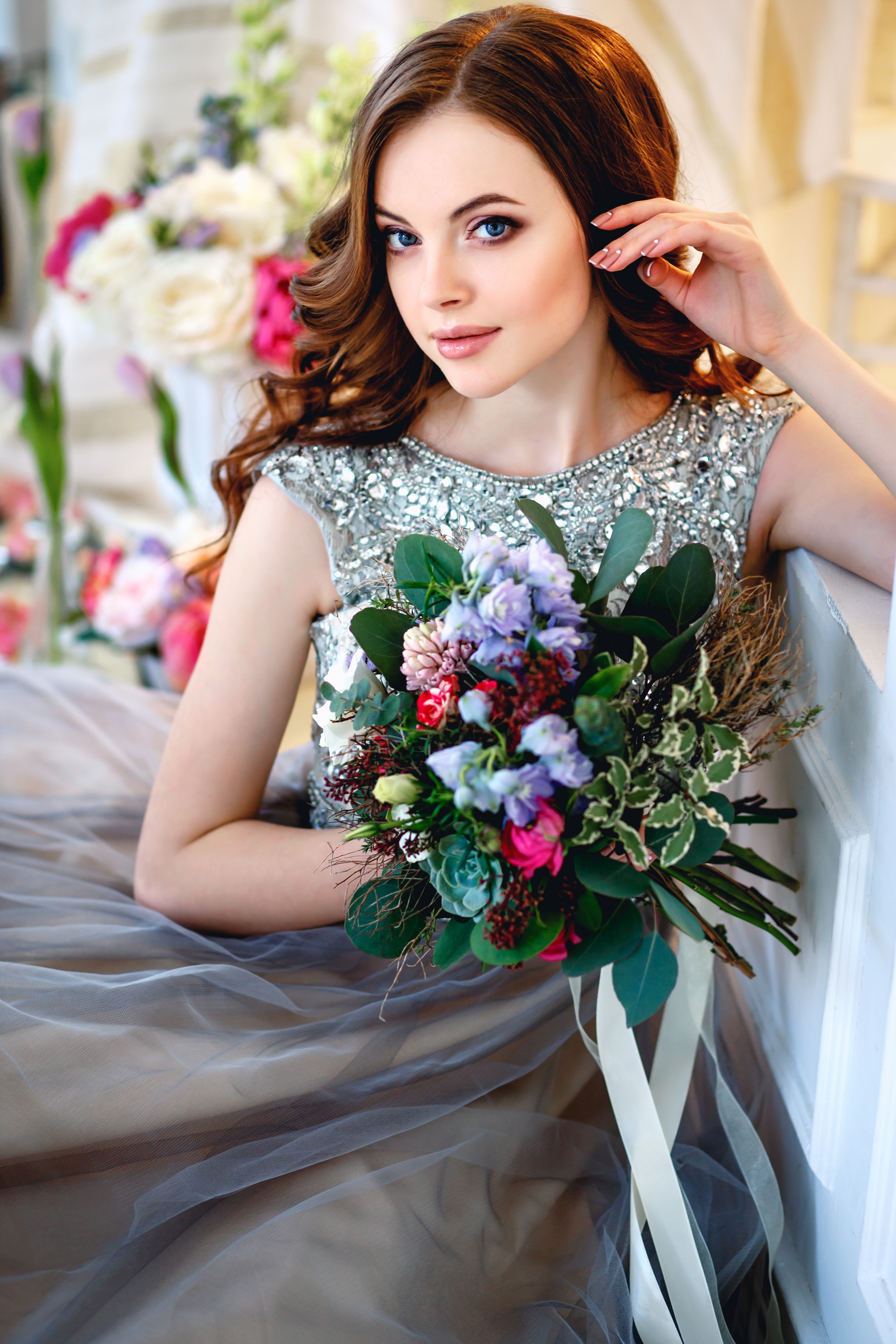 Woman with bouquet and floral background HD Phone Wallpaper
