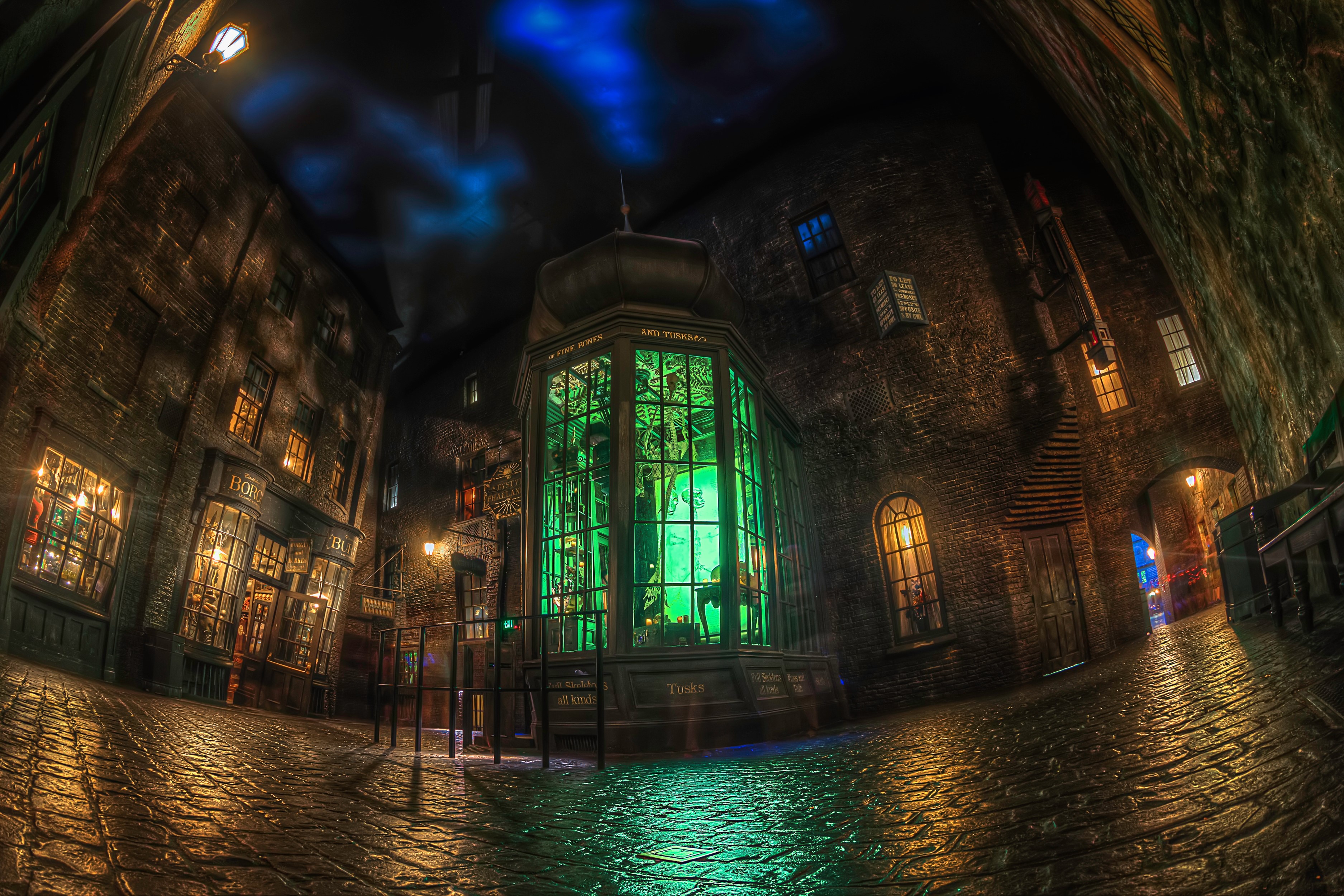 Diagon Alley at Night with Magical Shops HD Wallpaper