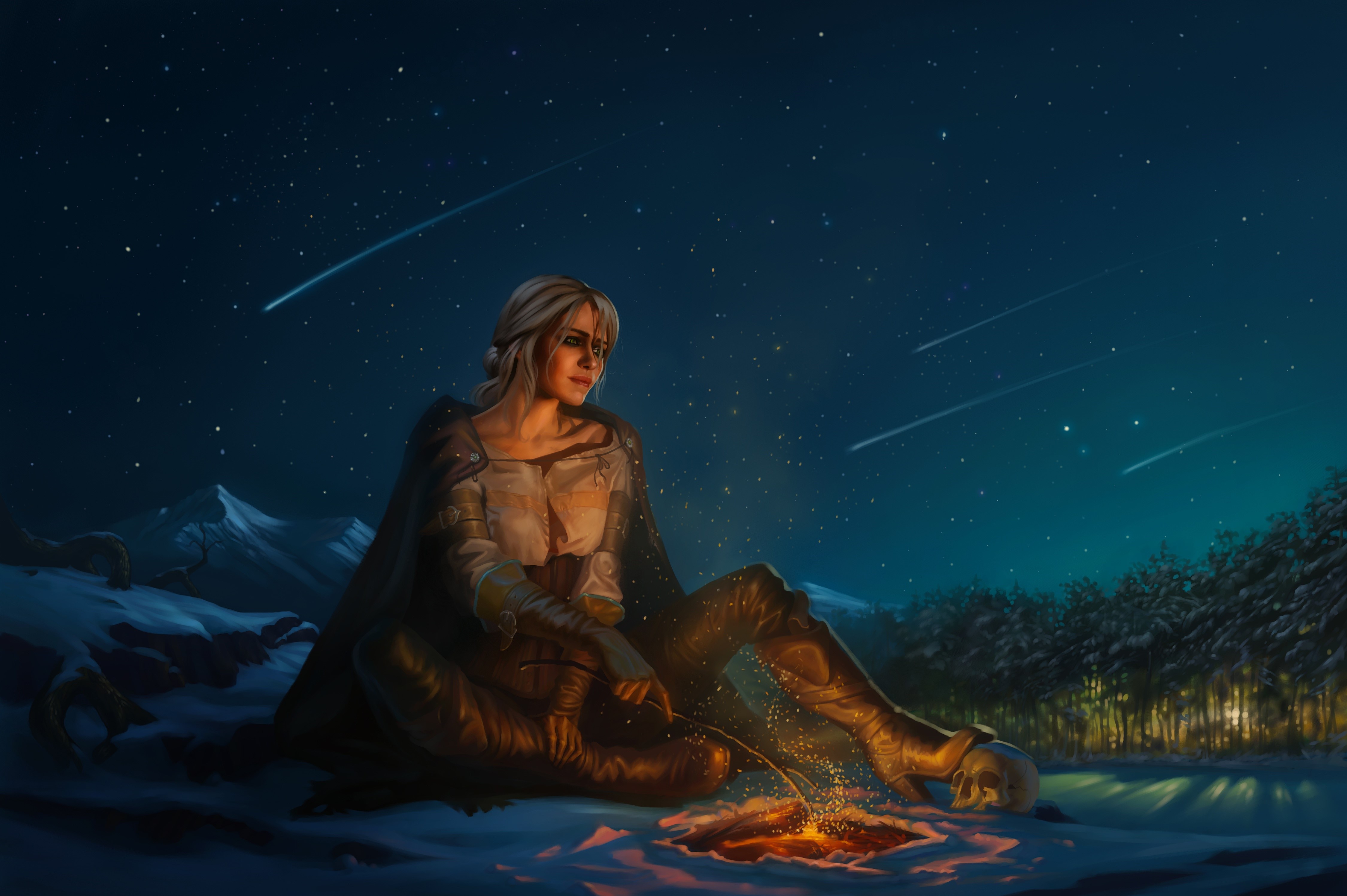 Ciri from The Witcher 3: Wild Hunt by a bonfire at night HD Wallpaper