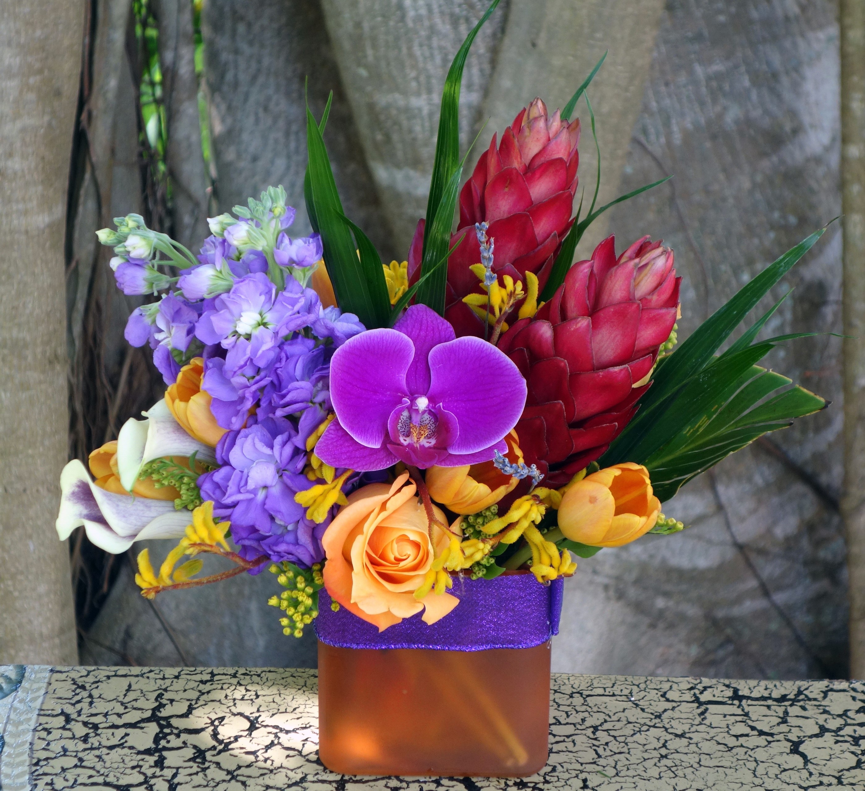 Tropical flower arrangement with orchids, roses, and ginger flowers HD Wallpaper