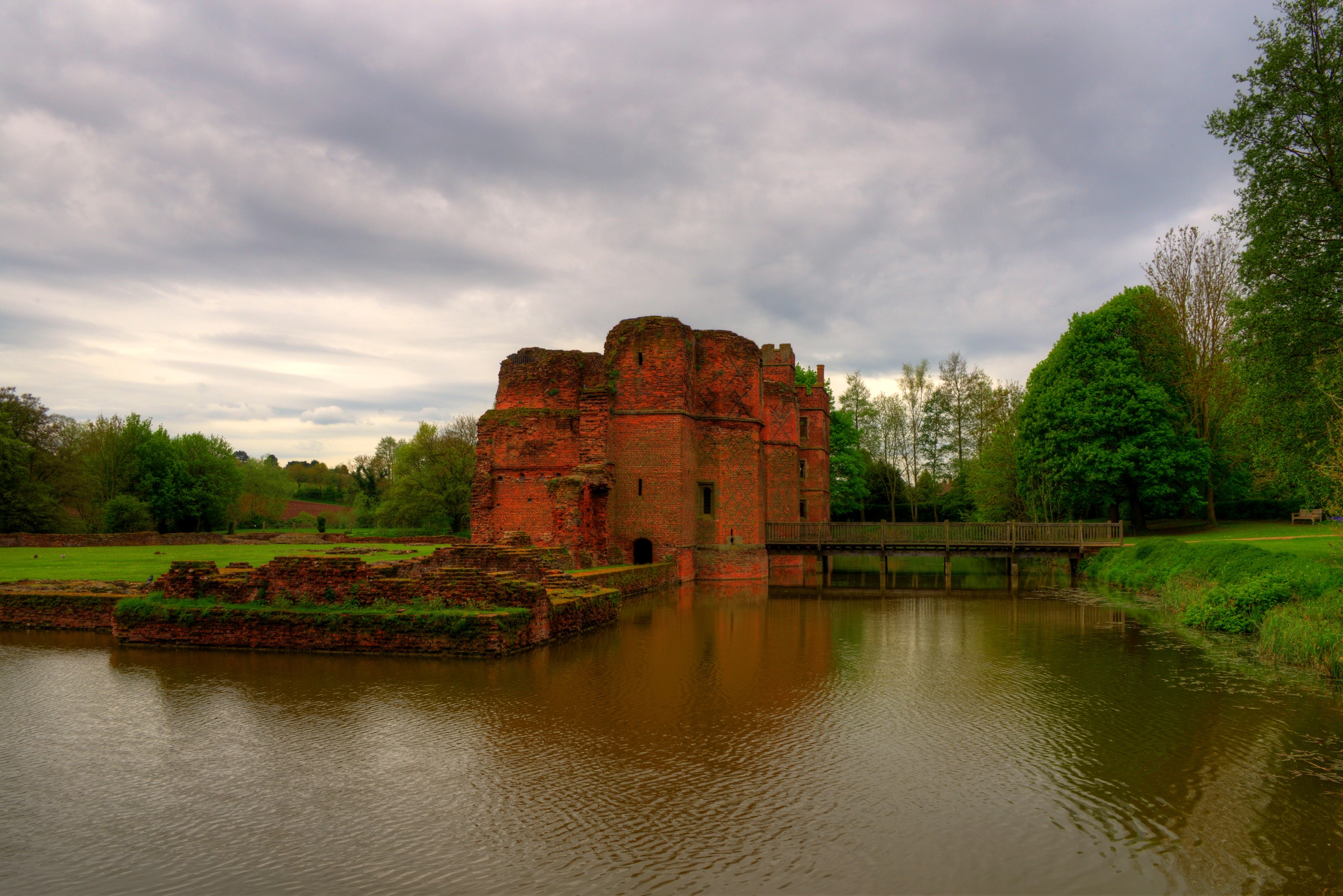 Kirby Castle ruins with a moat and bridge in England HD Wallpaper