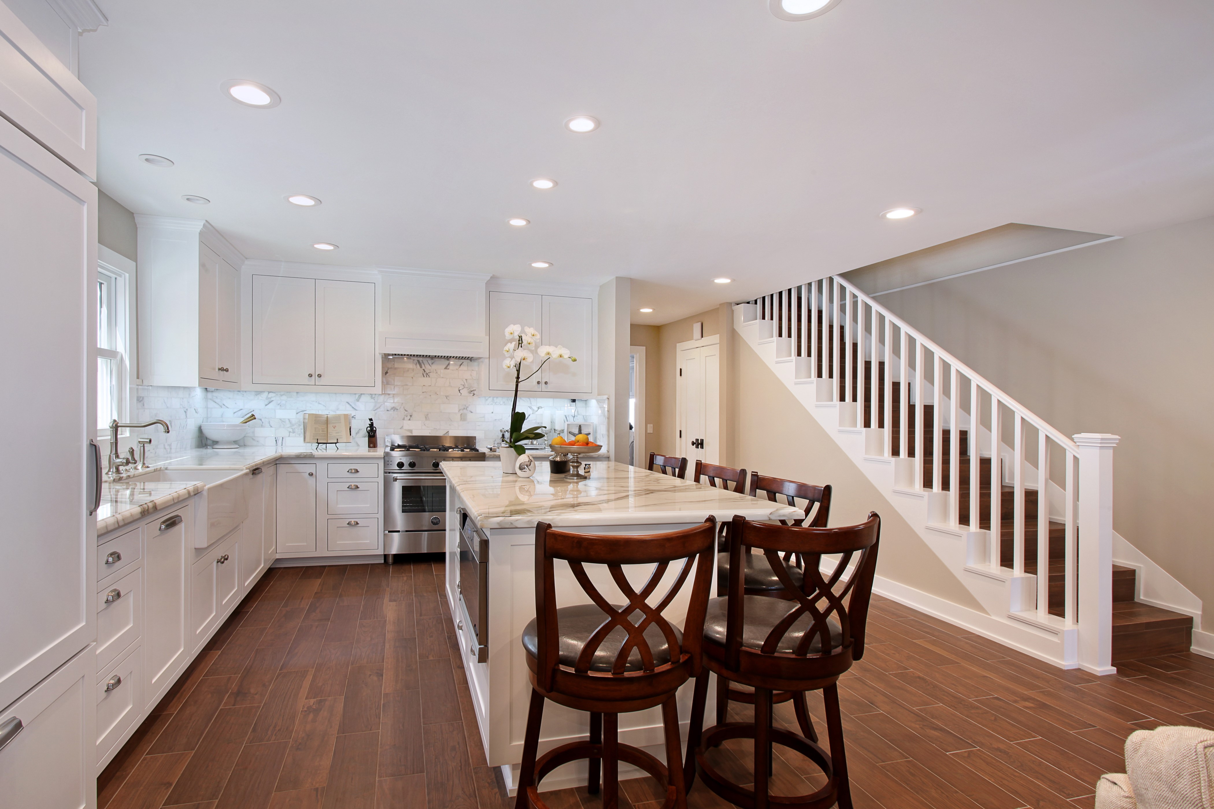 Modern Kitchen with Island and Stairs HD Wallpaper