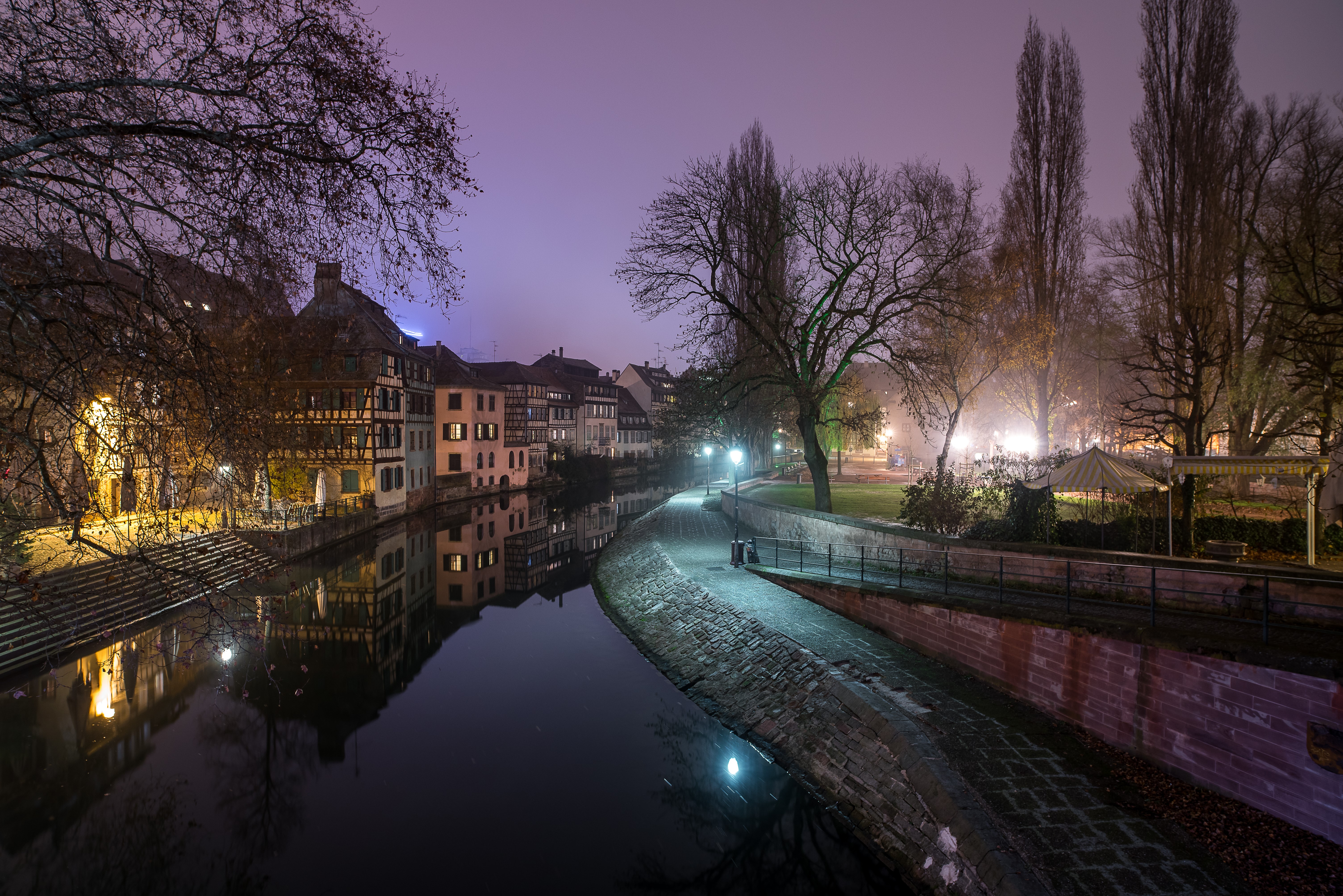 Strasbourg canal at night with historic houses HD Wallpaper