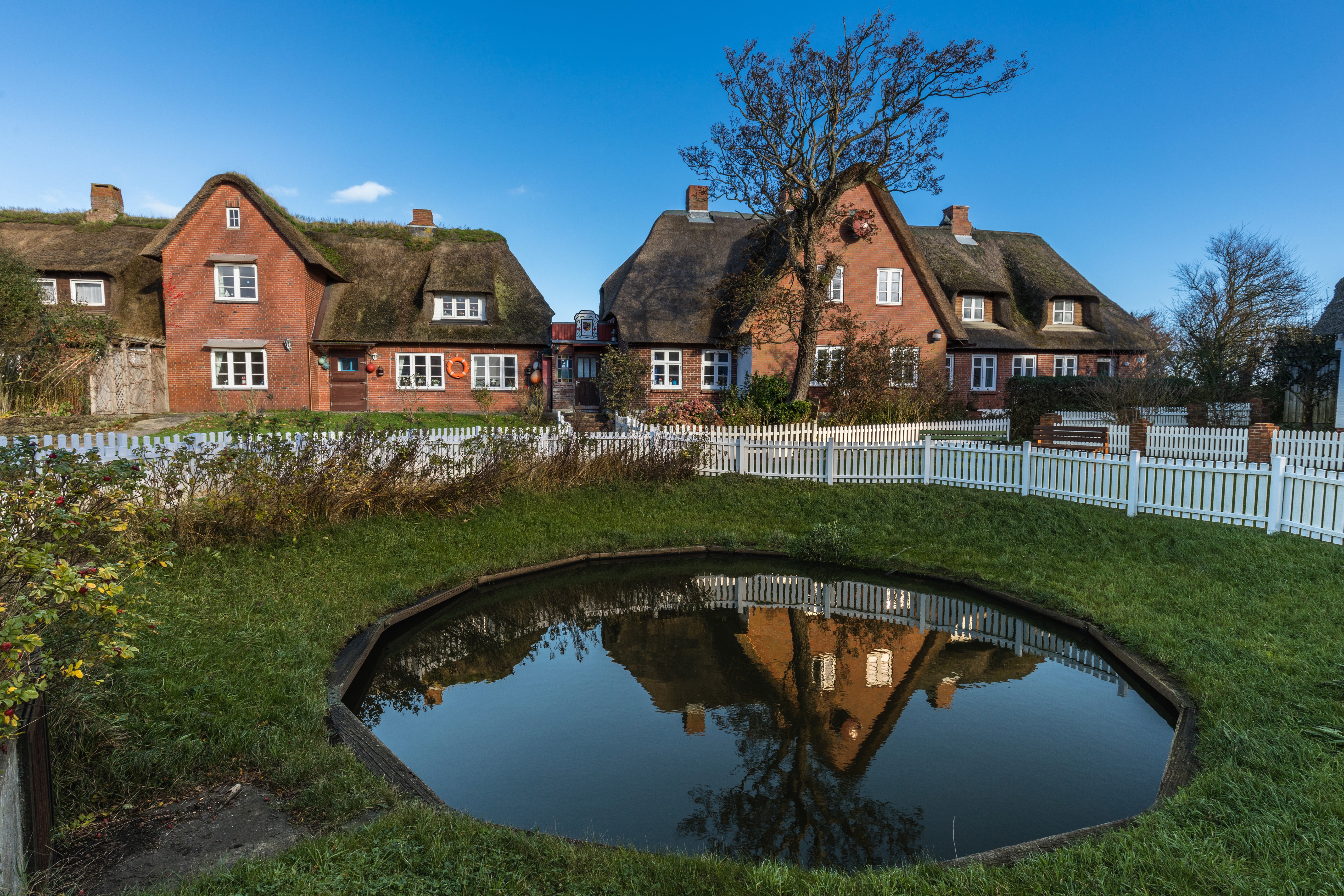 Thatched roof houses and pond in Germany HD Wallpaper
