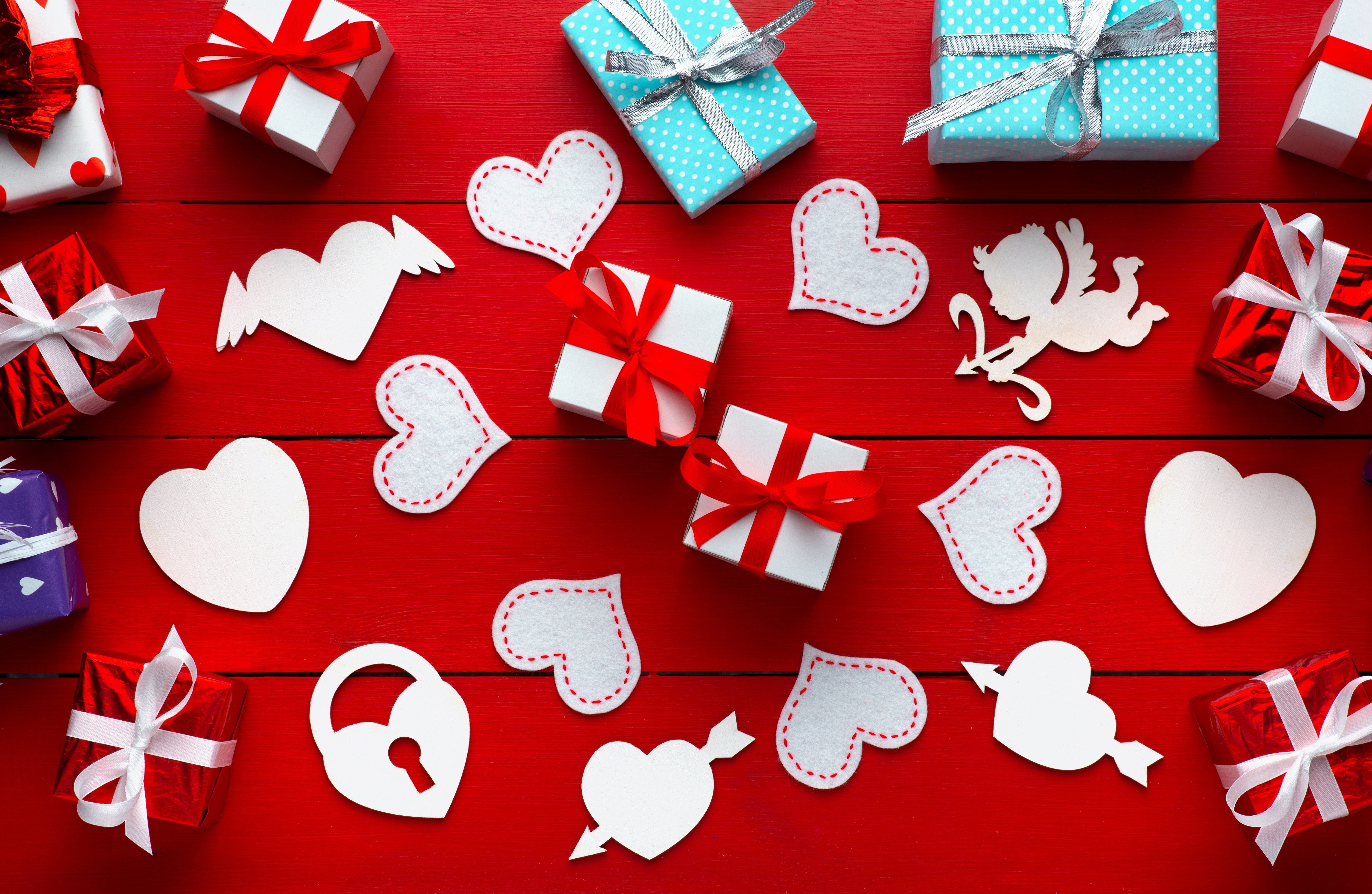Valentine's Day Gifts and Hearts on Red Background HD Wallpaper