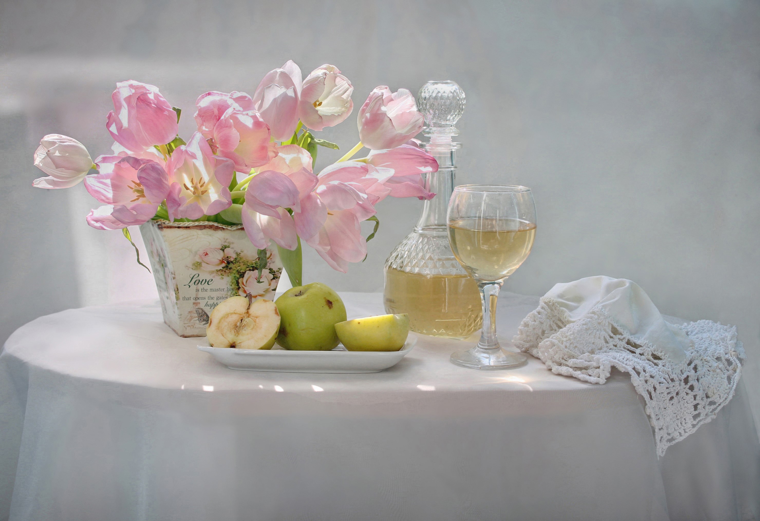 Still-life with pink tulips, wine, and apples HD Wallpaper