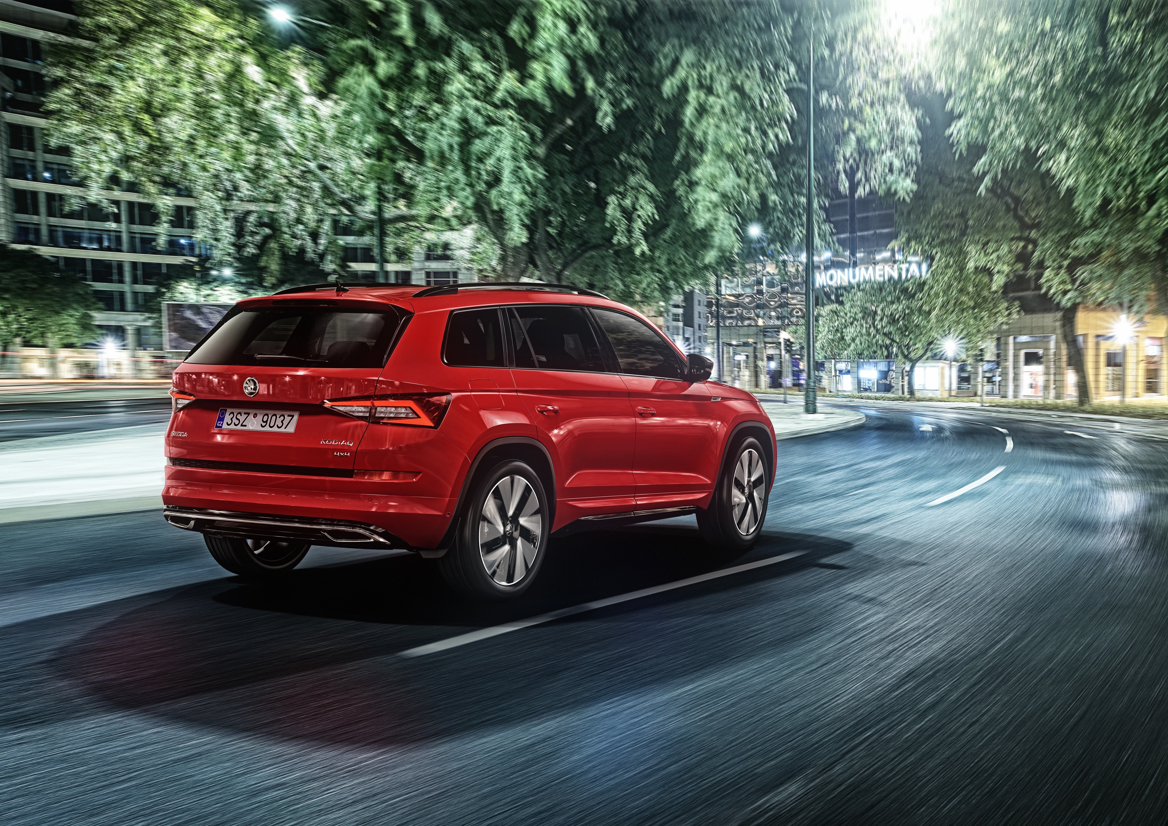 Red Skoda Kodiaq driving at night HD Wallpaper