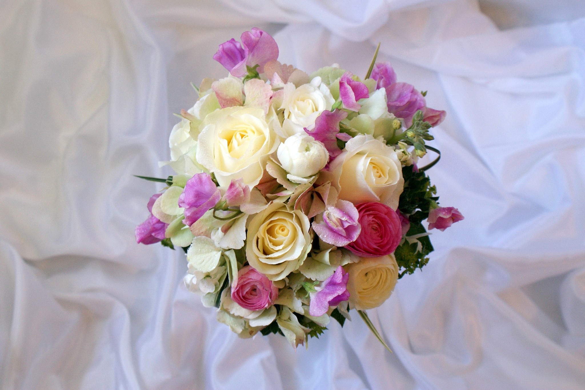 Bouquet of Roses and Ranunculus on White Fabric HD Wallpaper