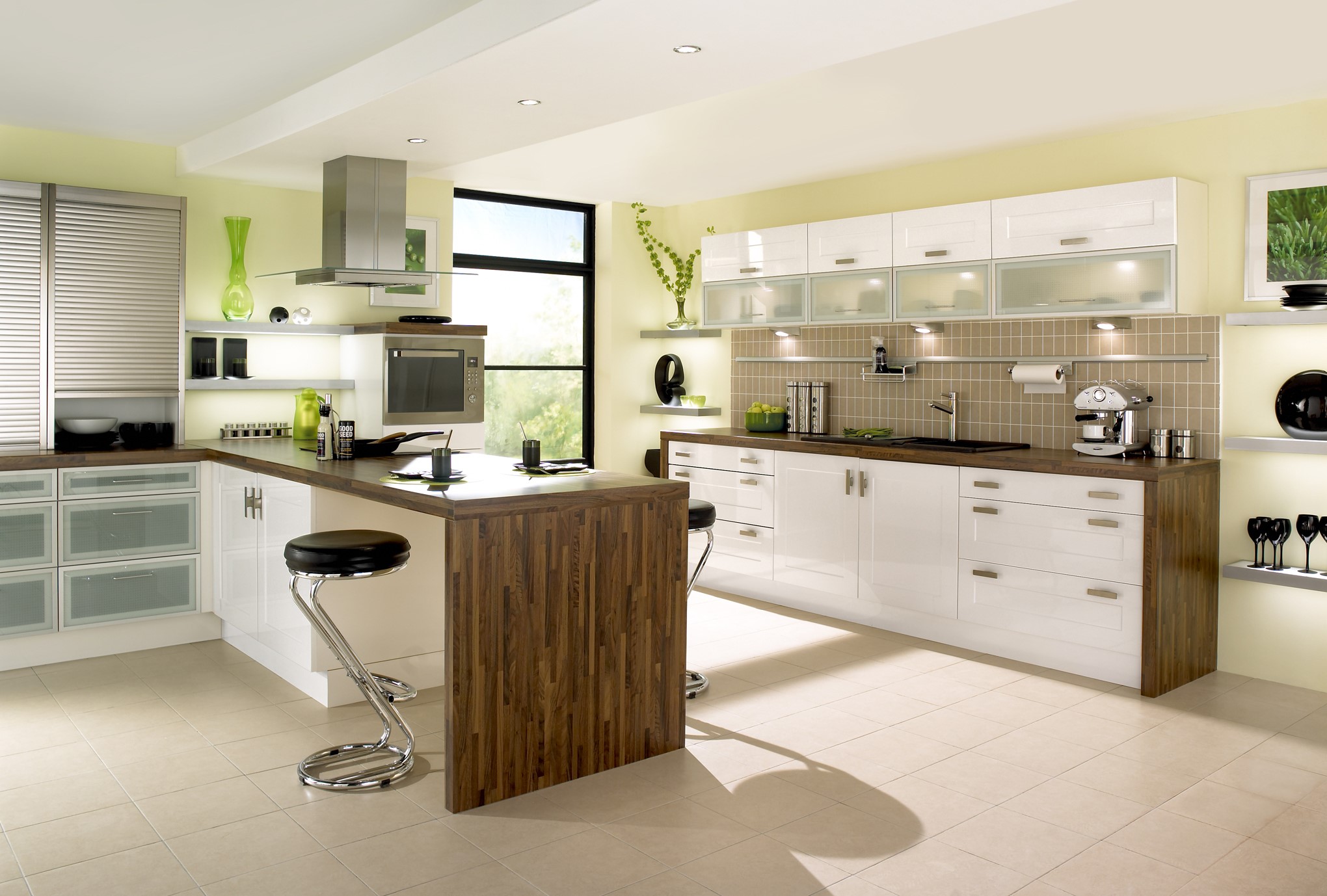 Modern Kitchen with Island and Bar Stools HD Wallpaper