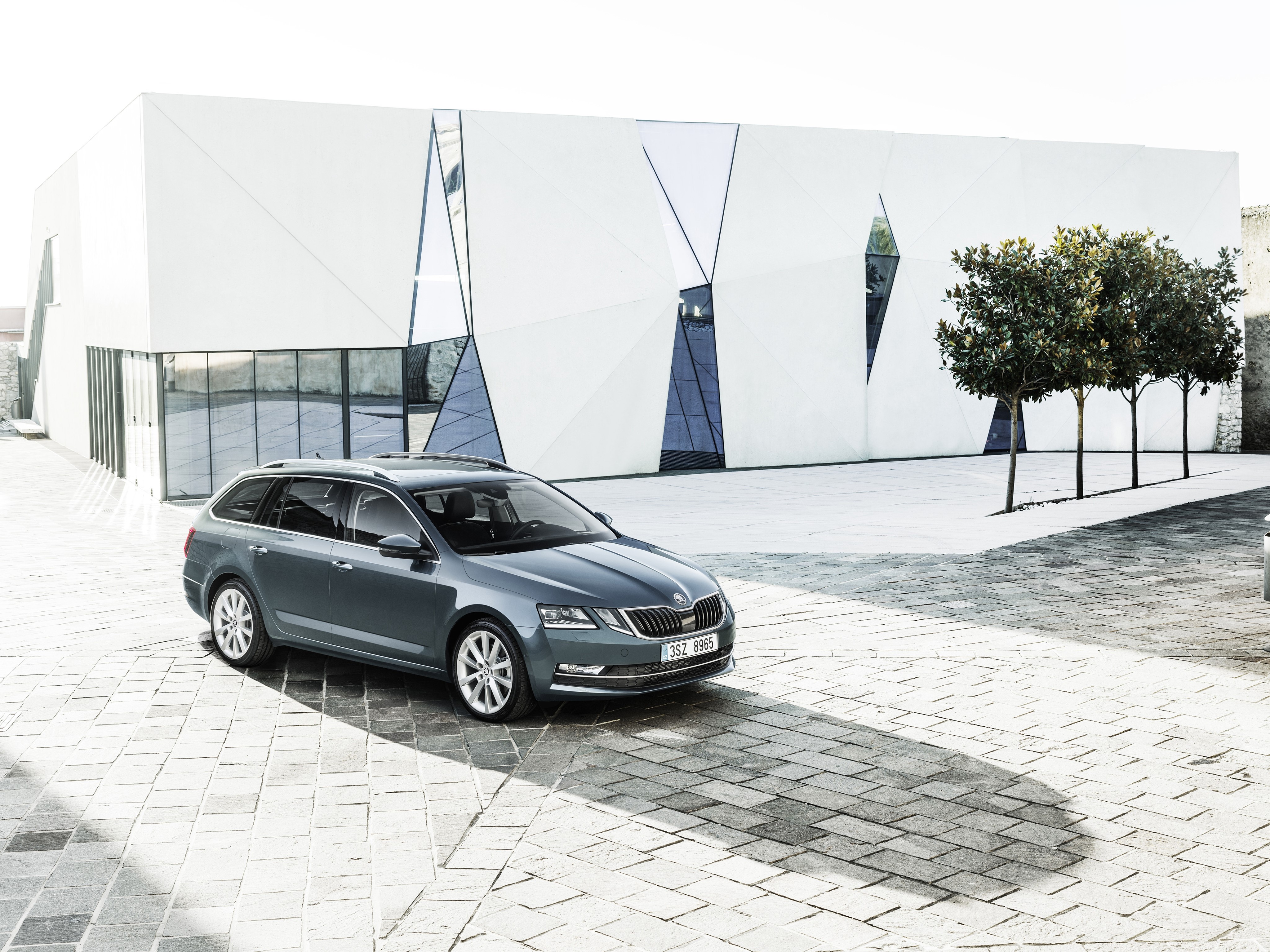 Grey Skoda Station Wagon parked near modern building HD Wallpaper