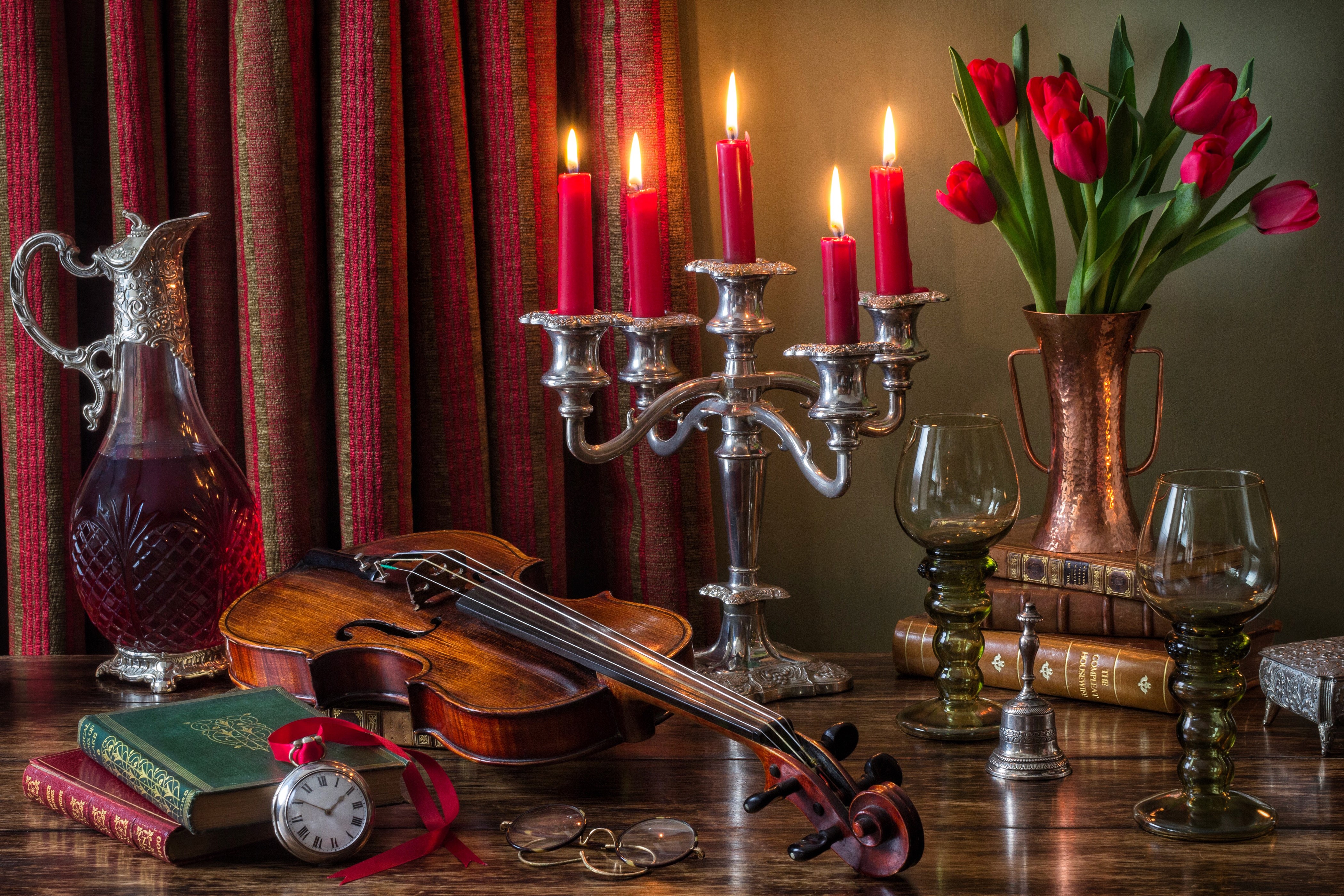 Still-life with Violin, Candles, and Tulips HD Wallpaper
