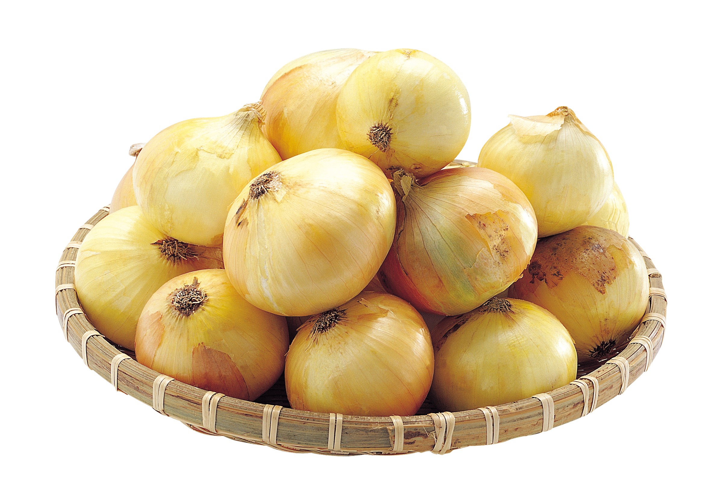 Basket of yellow onions on a white background HD Wallpaper