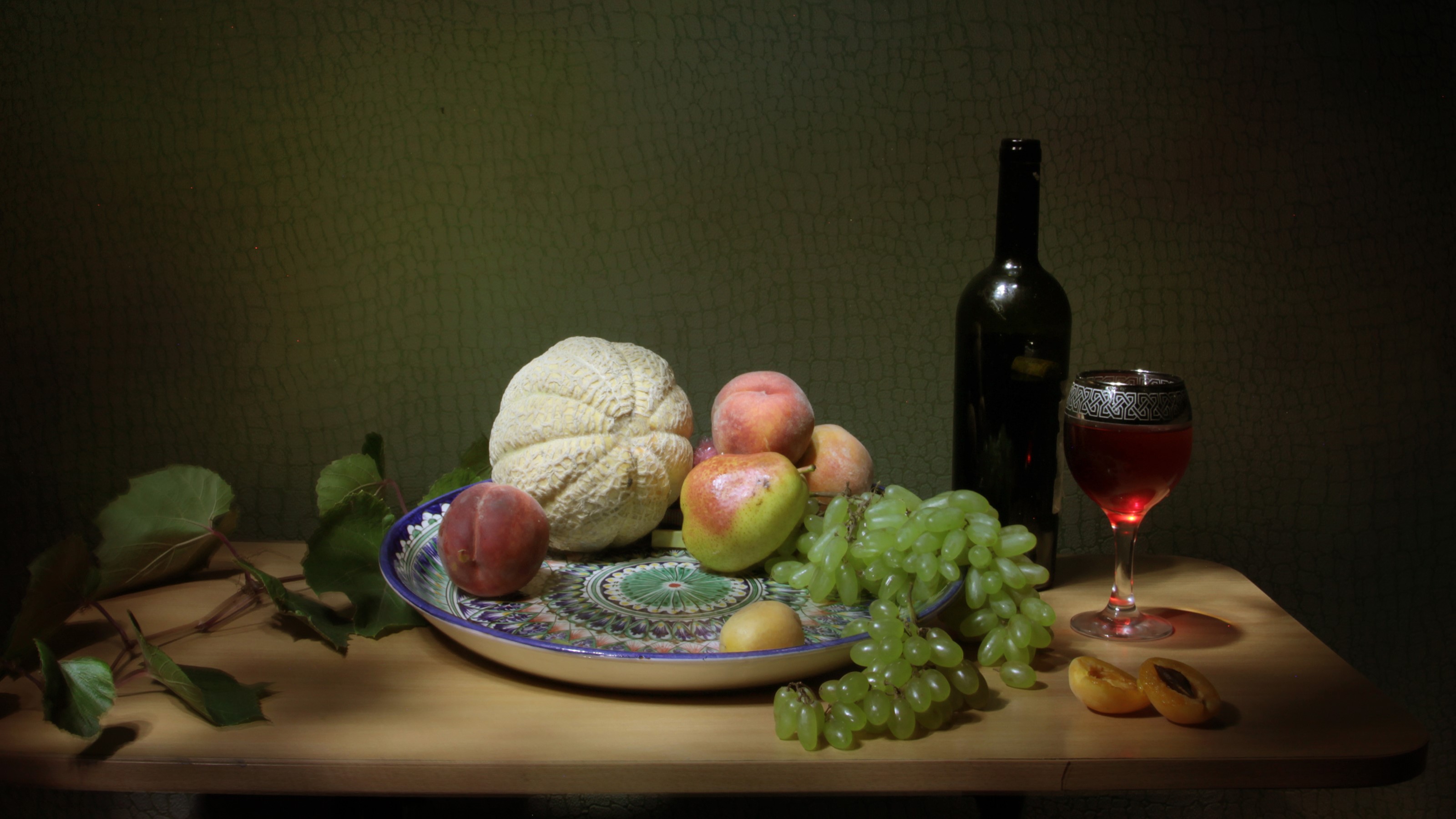 Still-life with wine, fruits, and bottle on a table HD Wallpaper