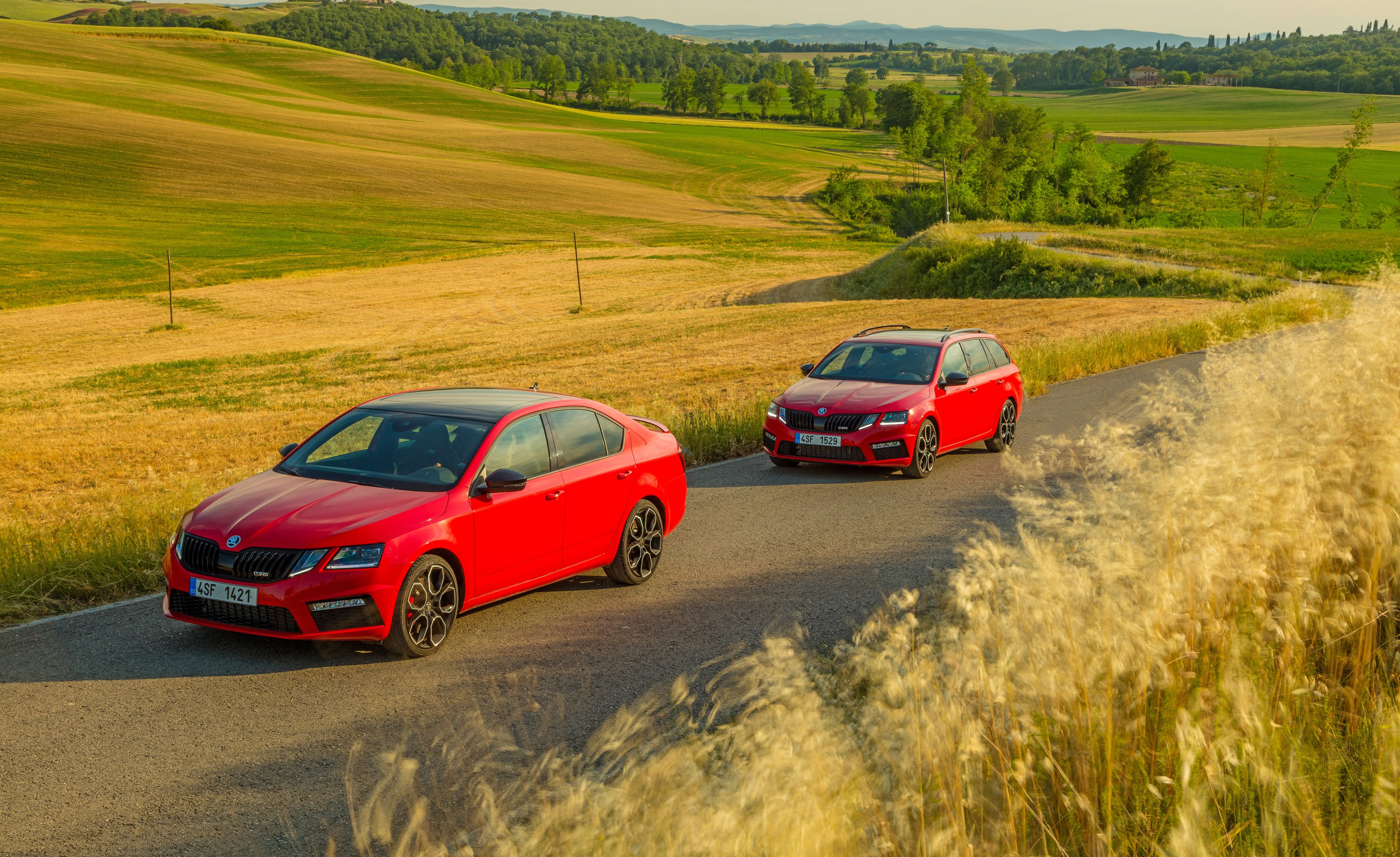 Two red Skoda Octavia cars on a road HD Wallpaper
