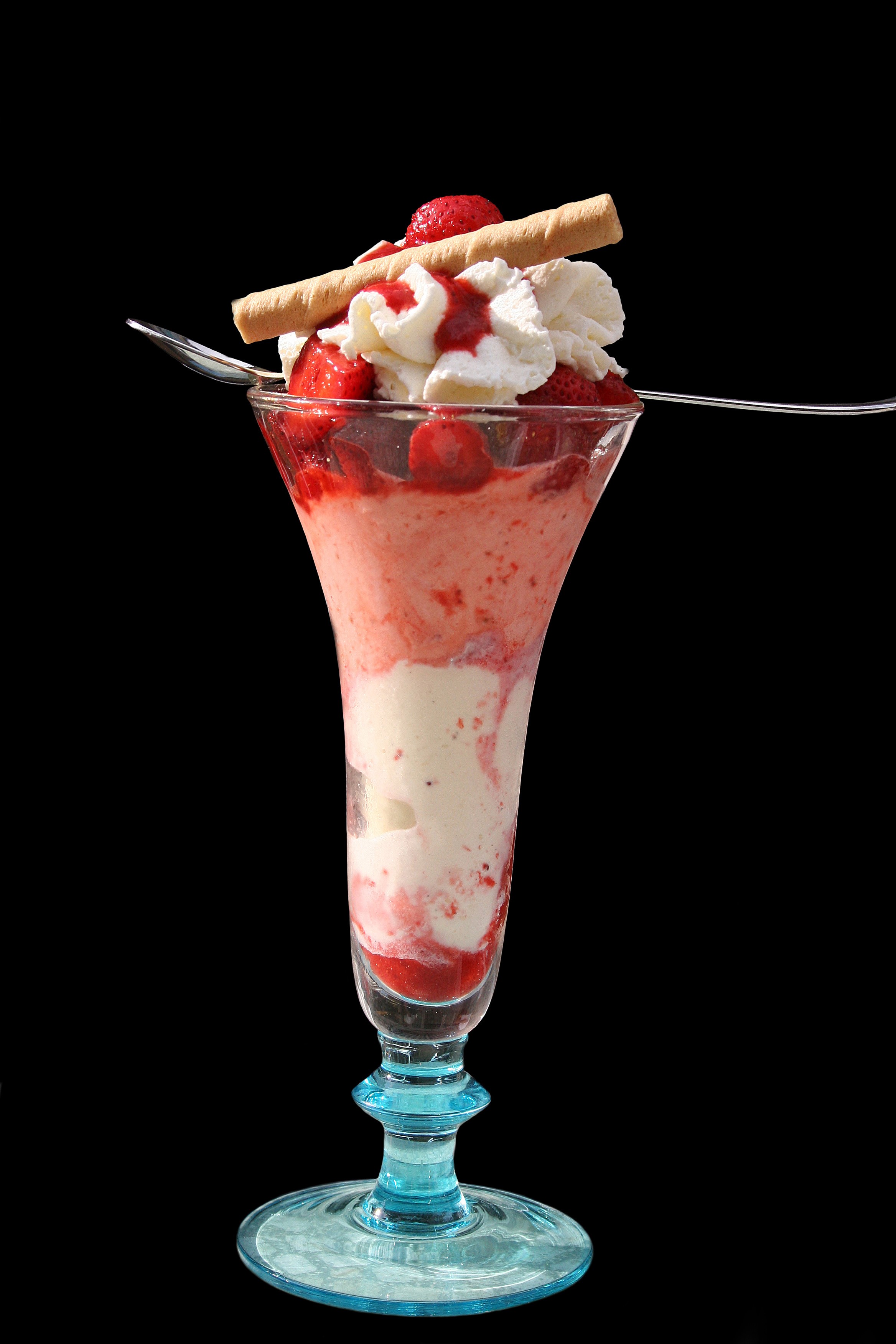 Strawberry ice cream sundae in a glass with whipped cream and a wafer HD Phone Wallpaper