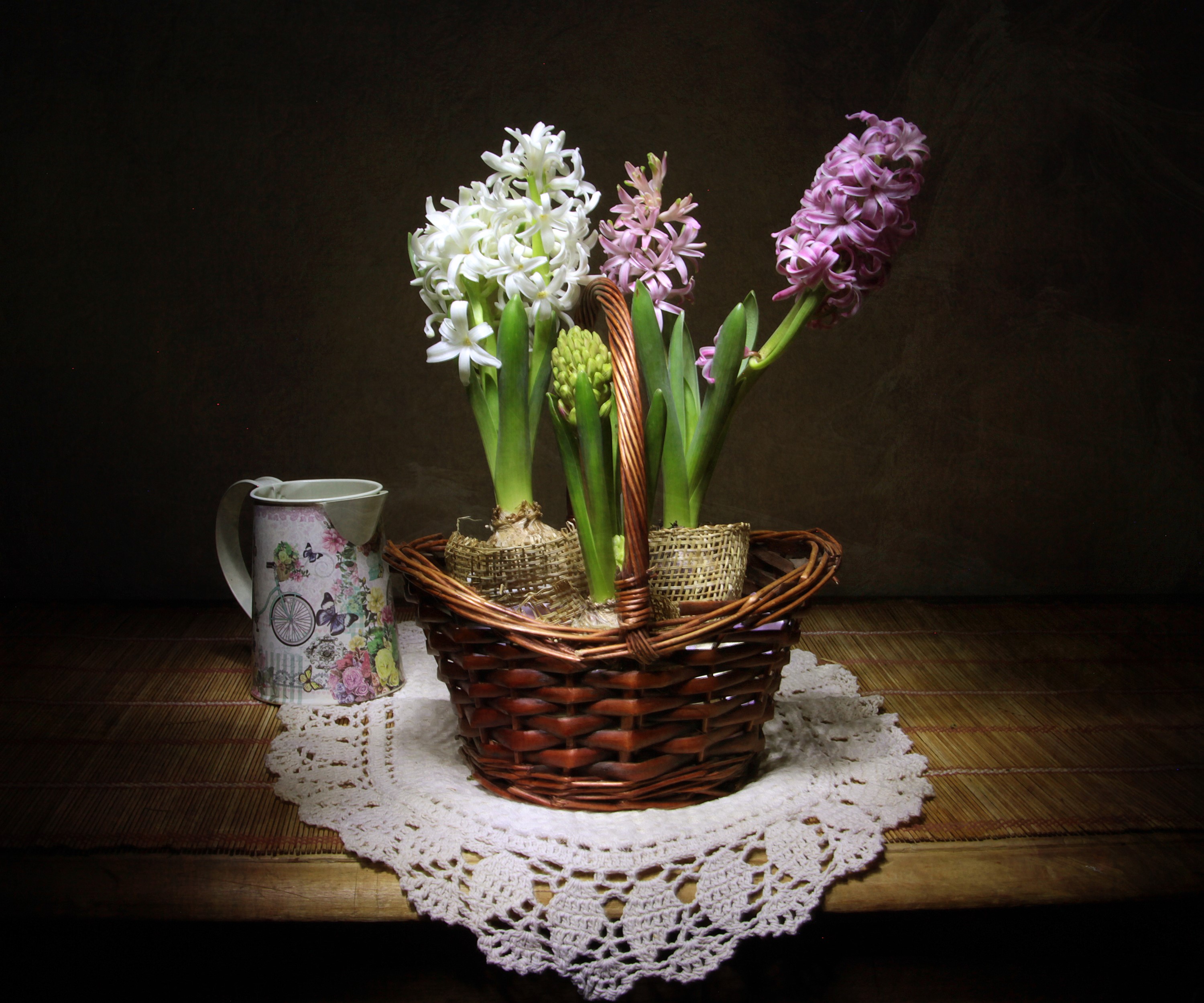 Hyacinths in Wicker Basket with Decorative Cup HD Wallpaper