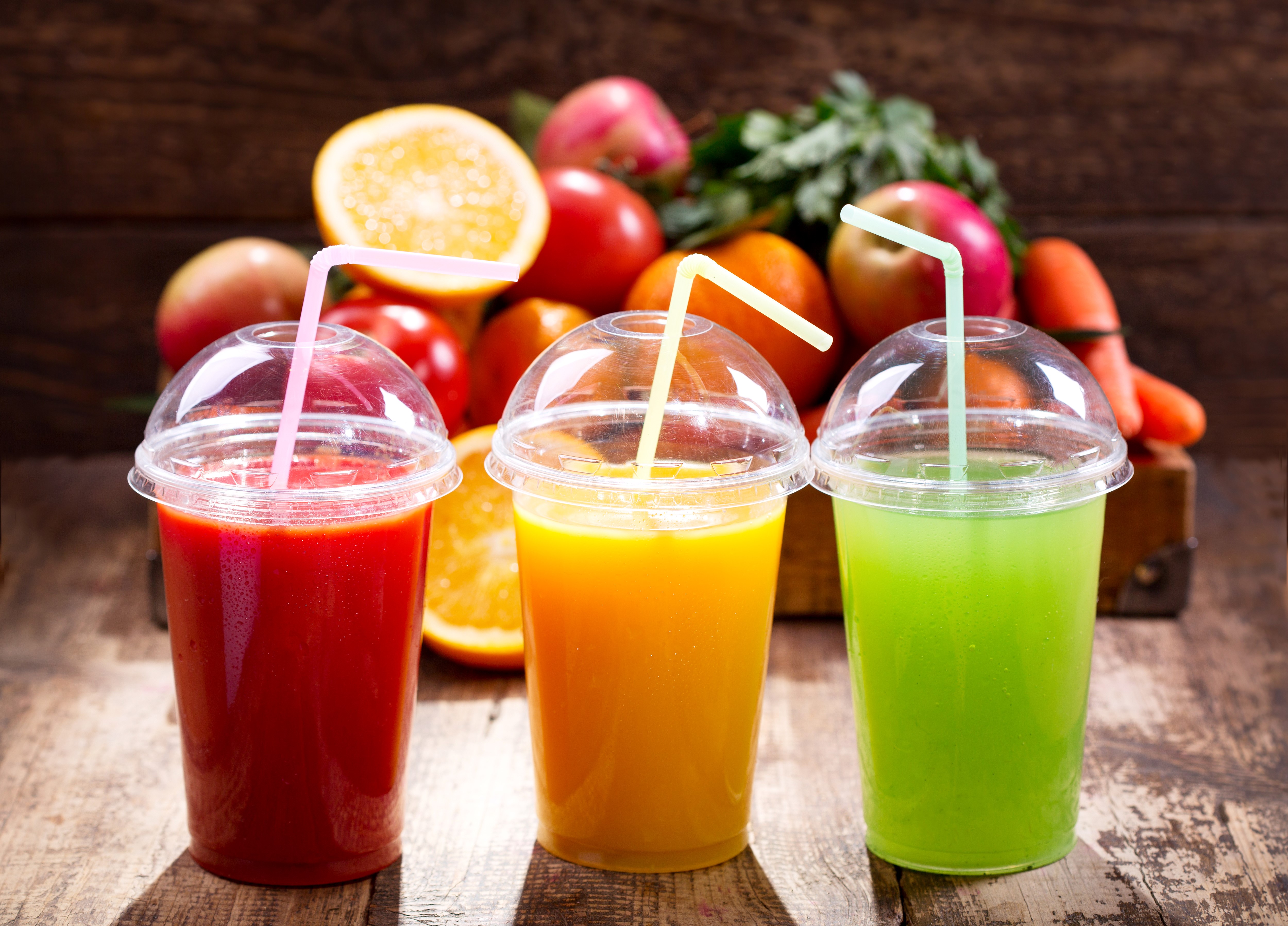 Three juices with fruits and vegetables HD Wallpaper