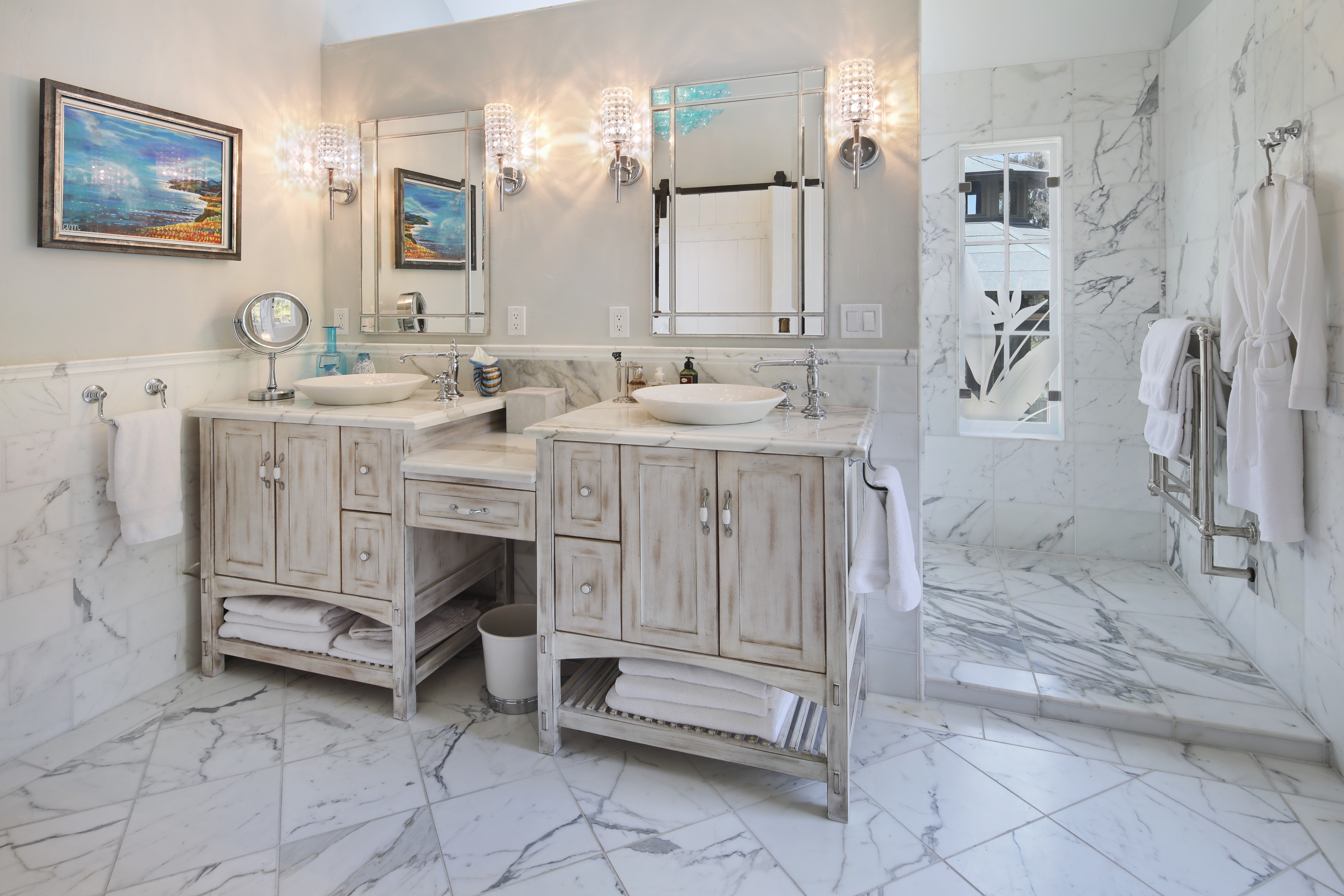 Luxury Bathroom with Dual Vanities and Walk-in Shower HD Wallpaper