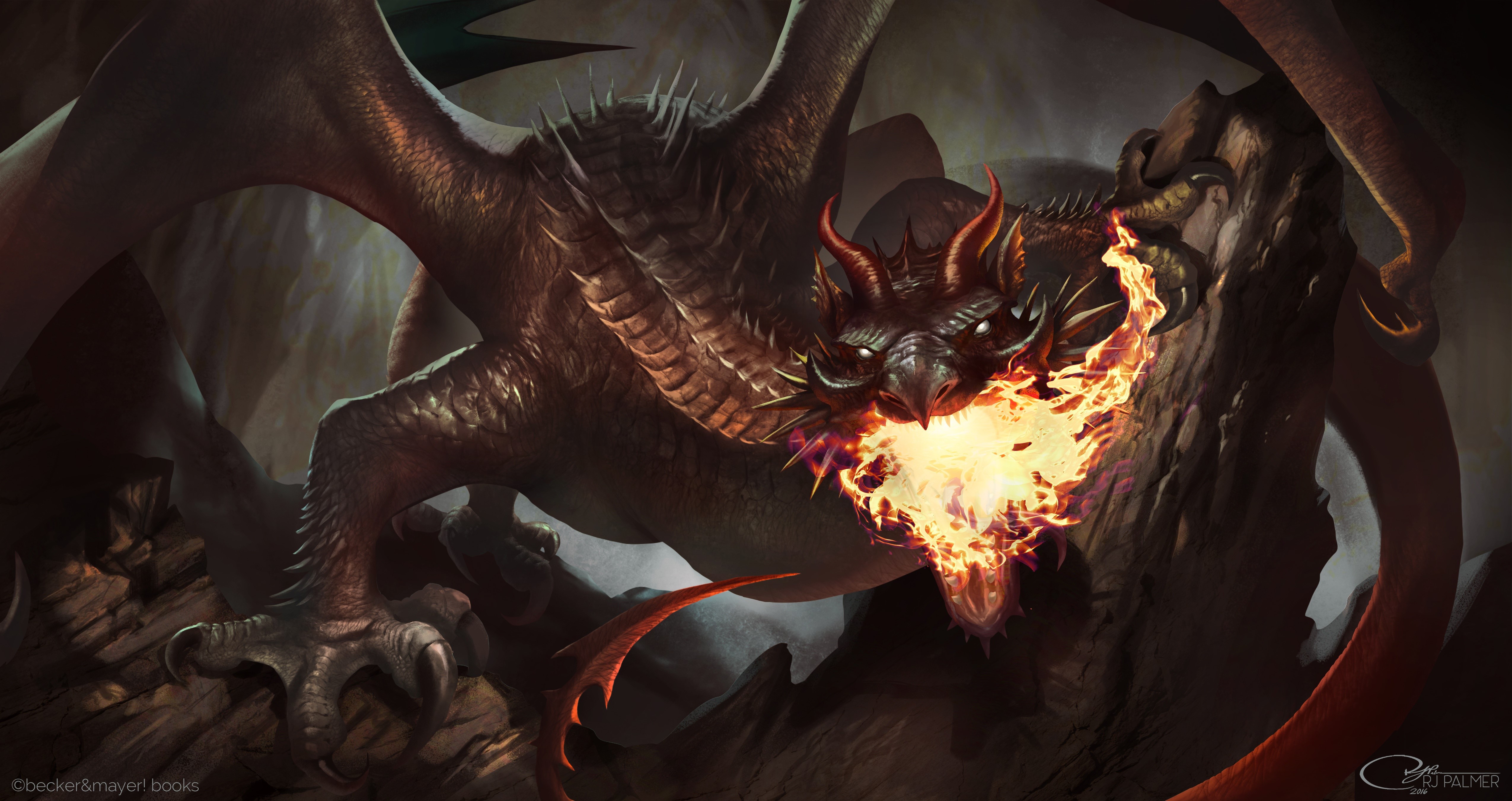 Dragon breathing fire in a cave HD Wallpaper
