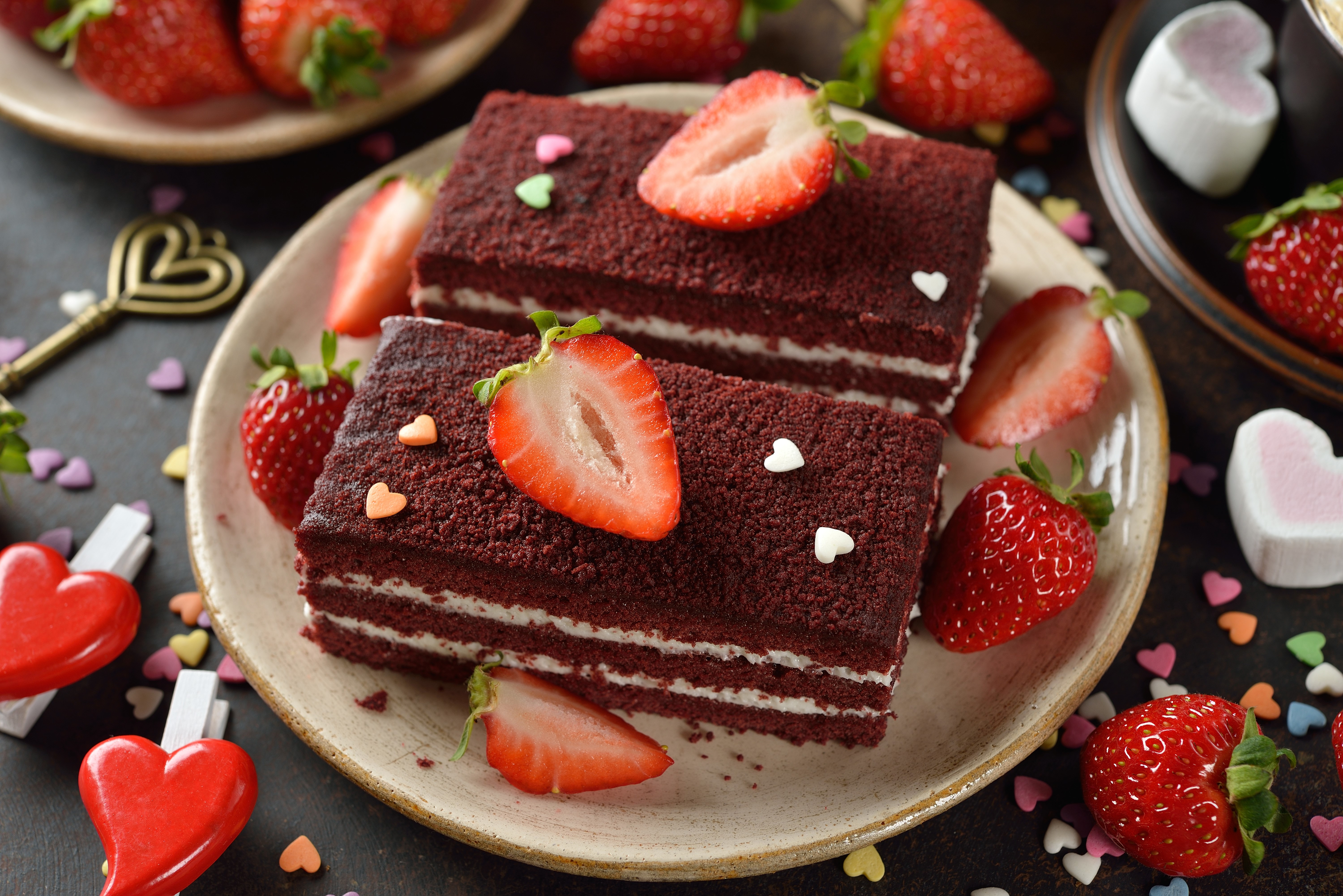 Red Velvet Cakes with Strawberries and Heart Sprinkles HD Wallpaper