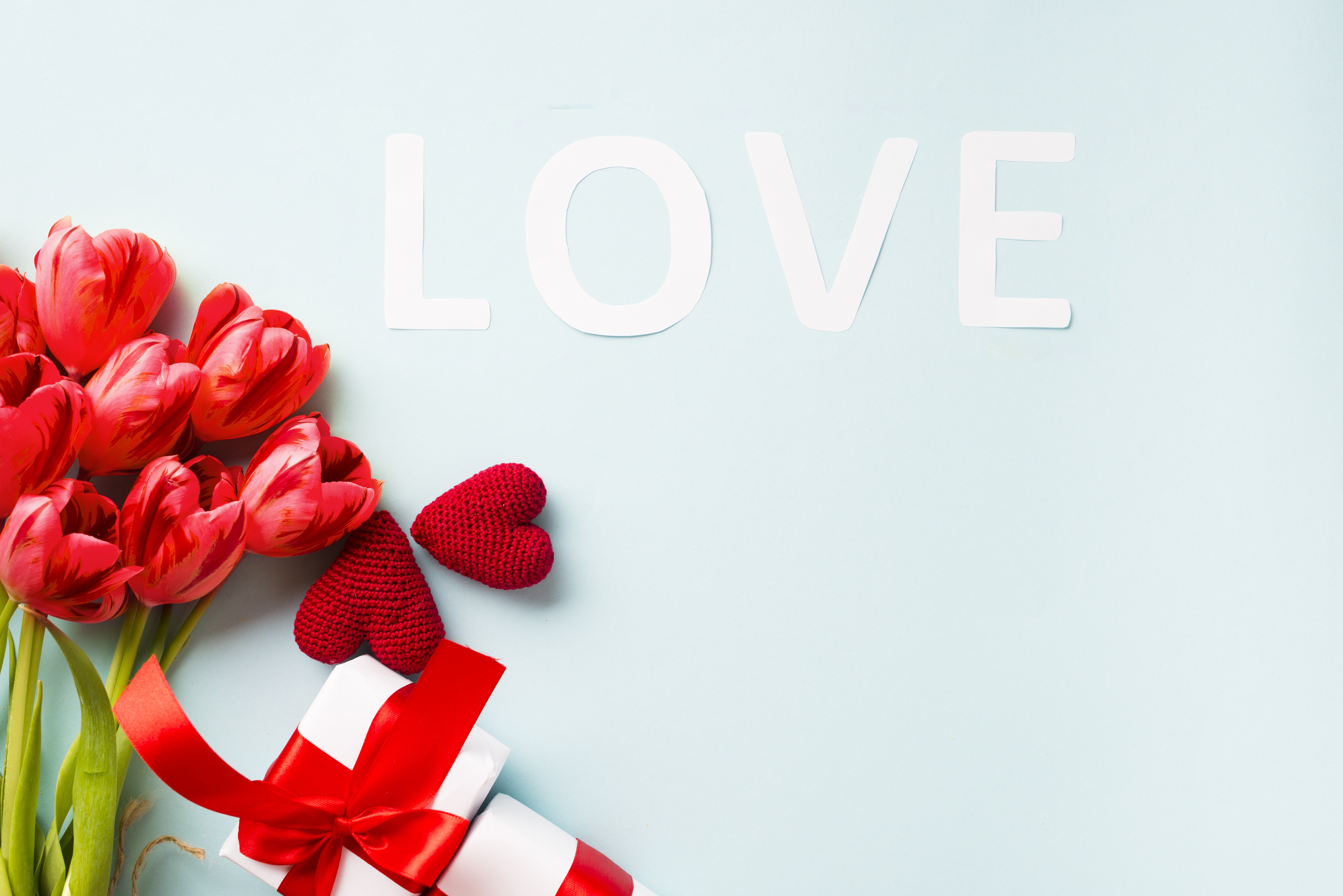Red Tulips and Gift with LOVE text HD Wallpaper