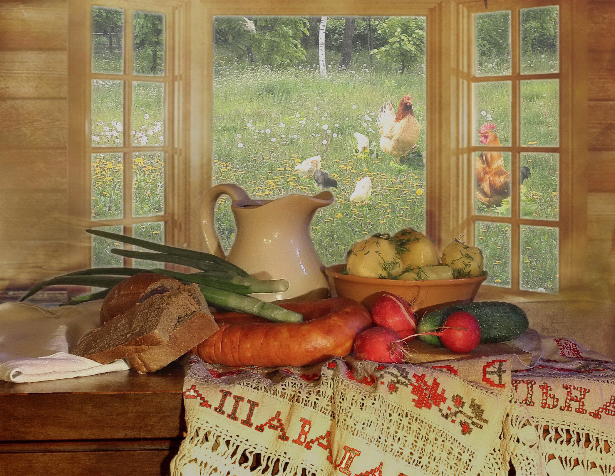 Still life with sausage, bread, vegetables, and jug HD Wallpaper