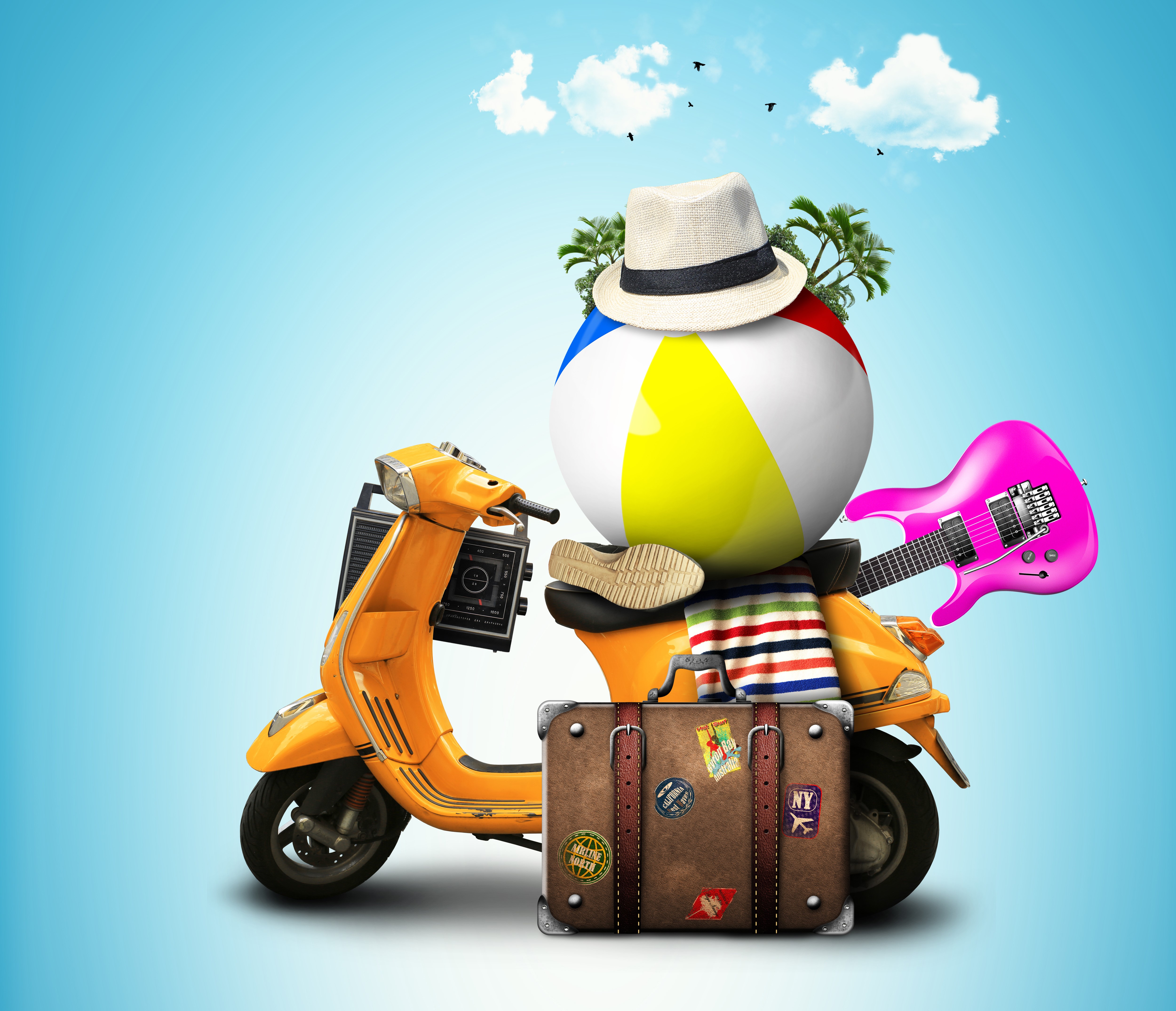 Scooter with beach ball, guitar, hat, and suitcase HD Wallpaper
