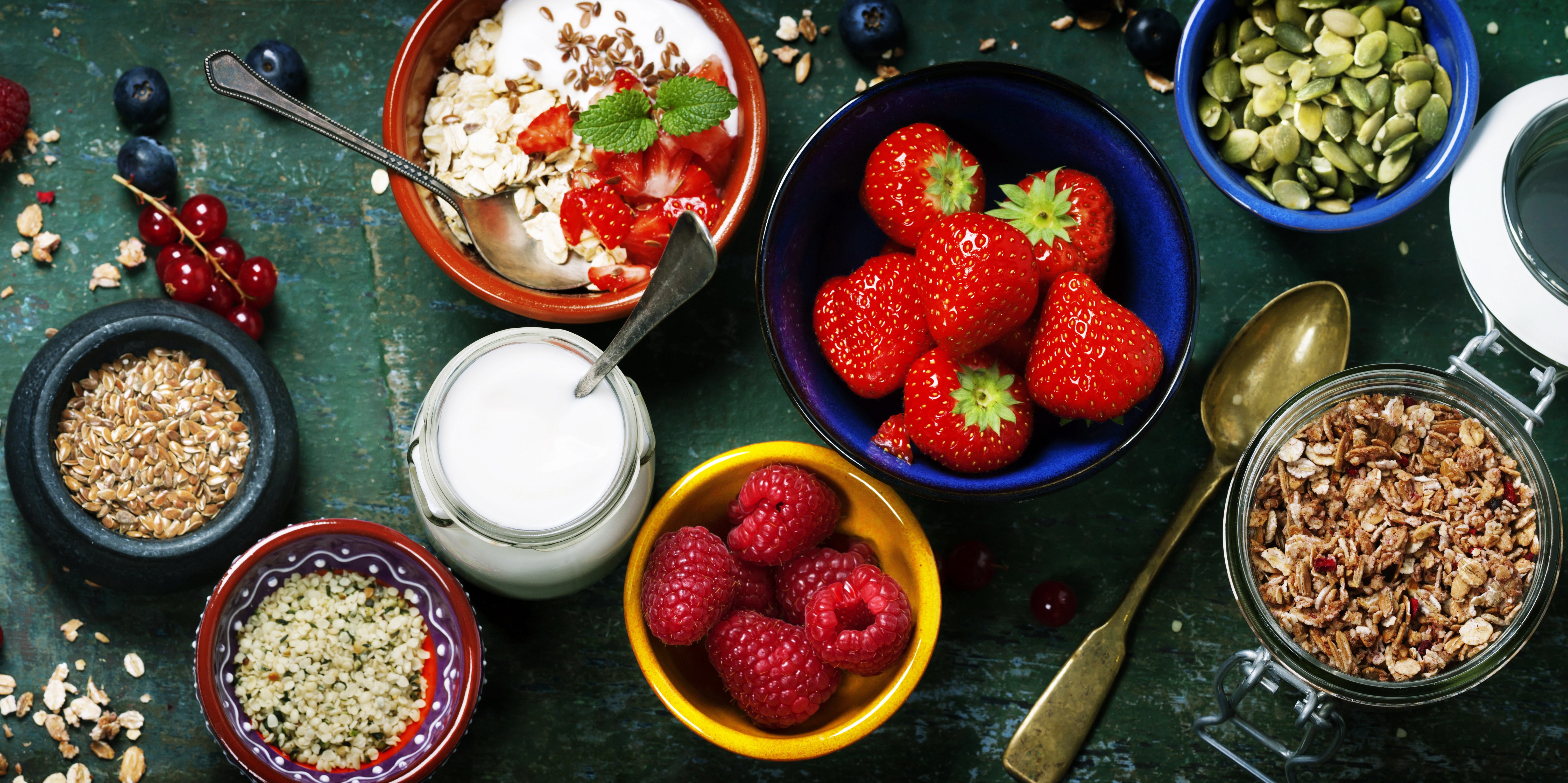 Still-life of Muesli, Strawberries, Raspberries, and Seeds HD Wallpaper