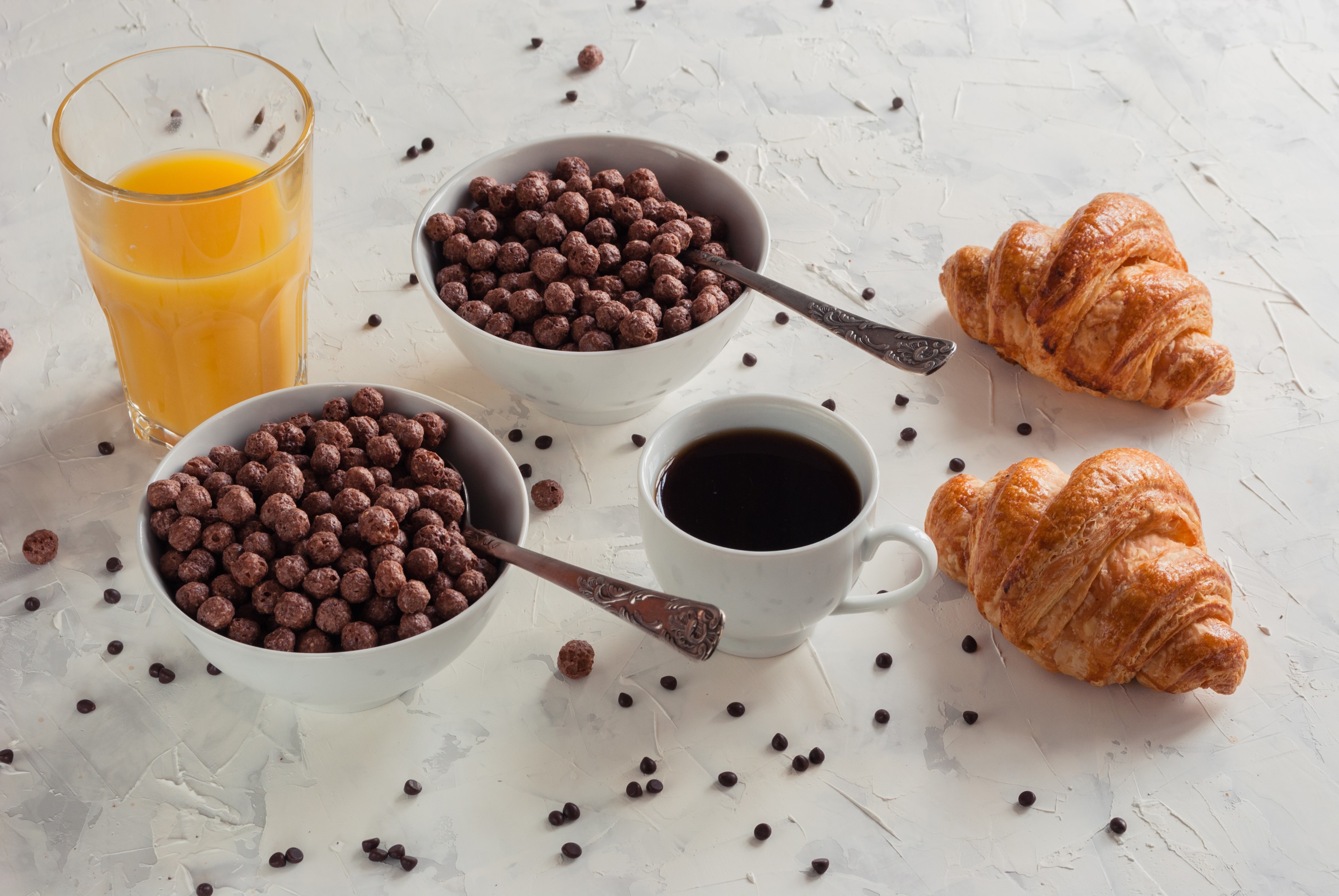 Breakfast with Coffee, Juice, Croissants, and Cereal HD Wallpaper