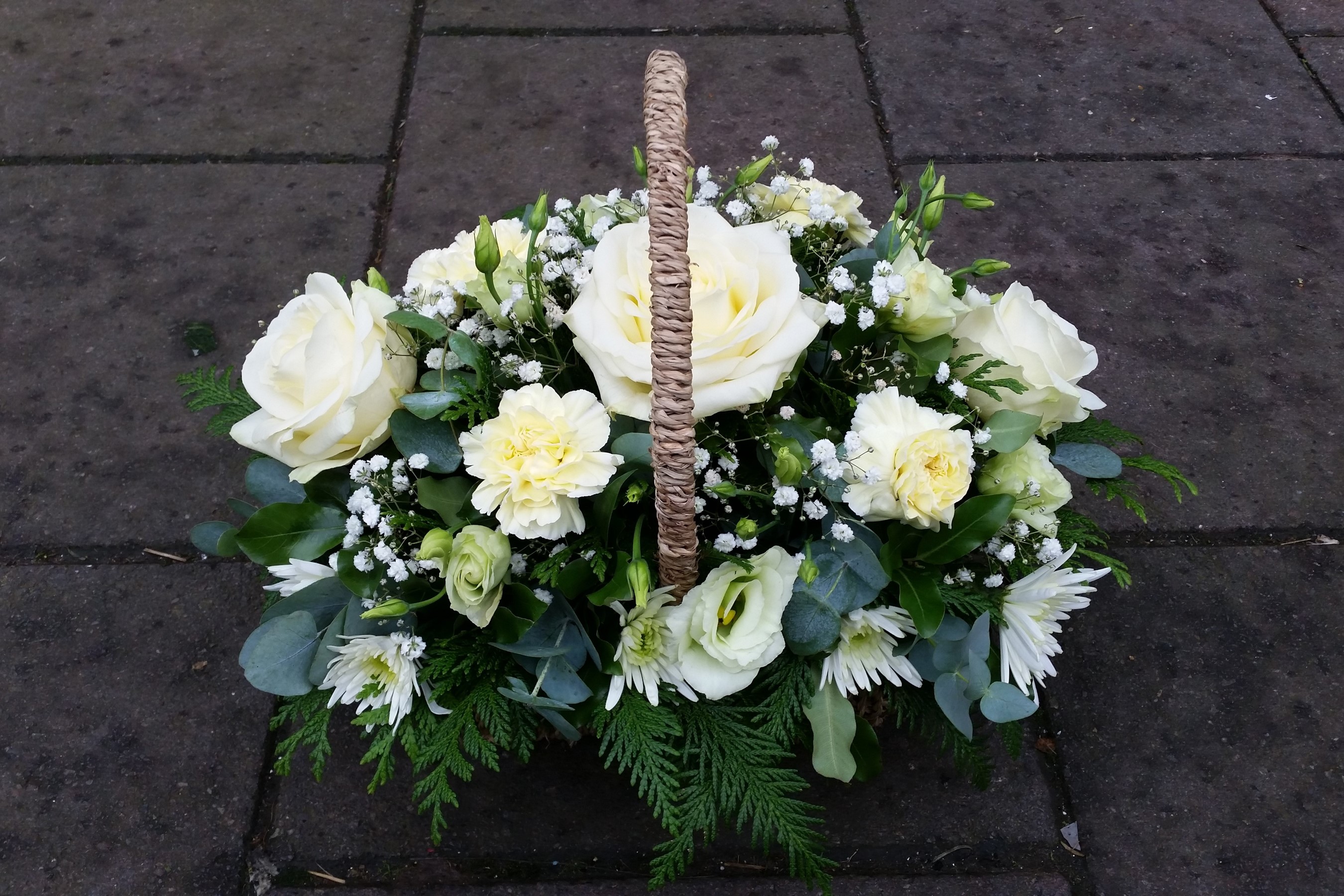 White Roses and Carnations Flower Basket Arrangement HD Wallpaper