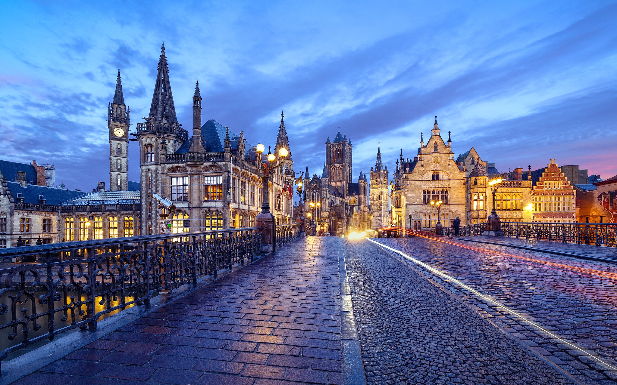 Ghent Belgium at Dusk with Historic Buildings and Bridge HD Wallpaper