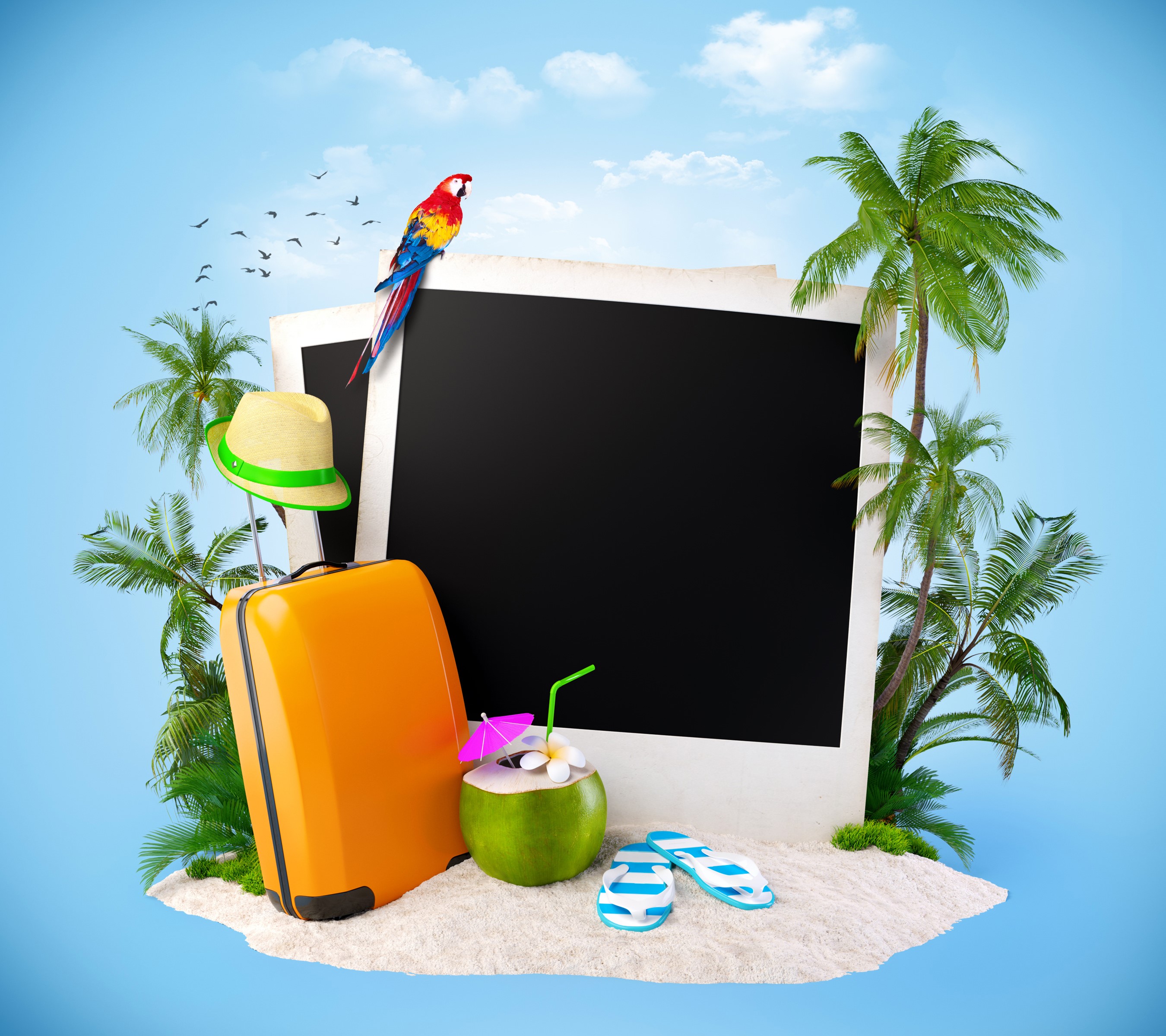 Tropical vacation with suitcase, coconut, and parrot HD Wallpaper