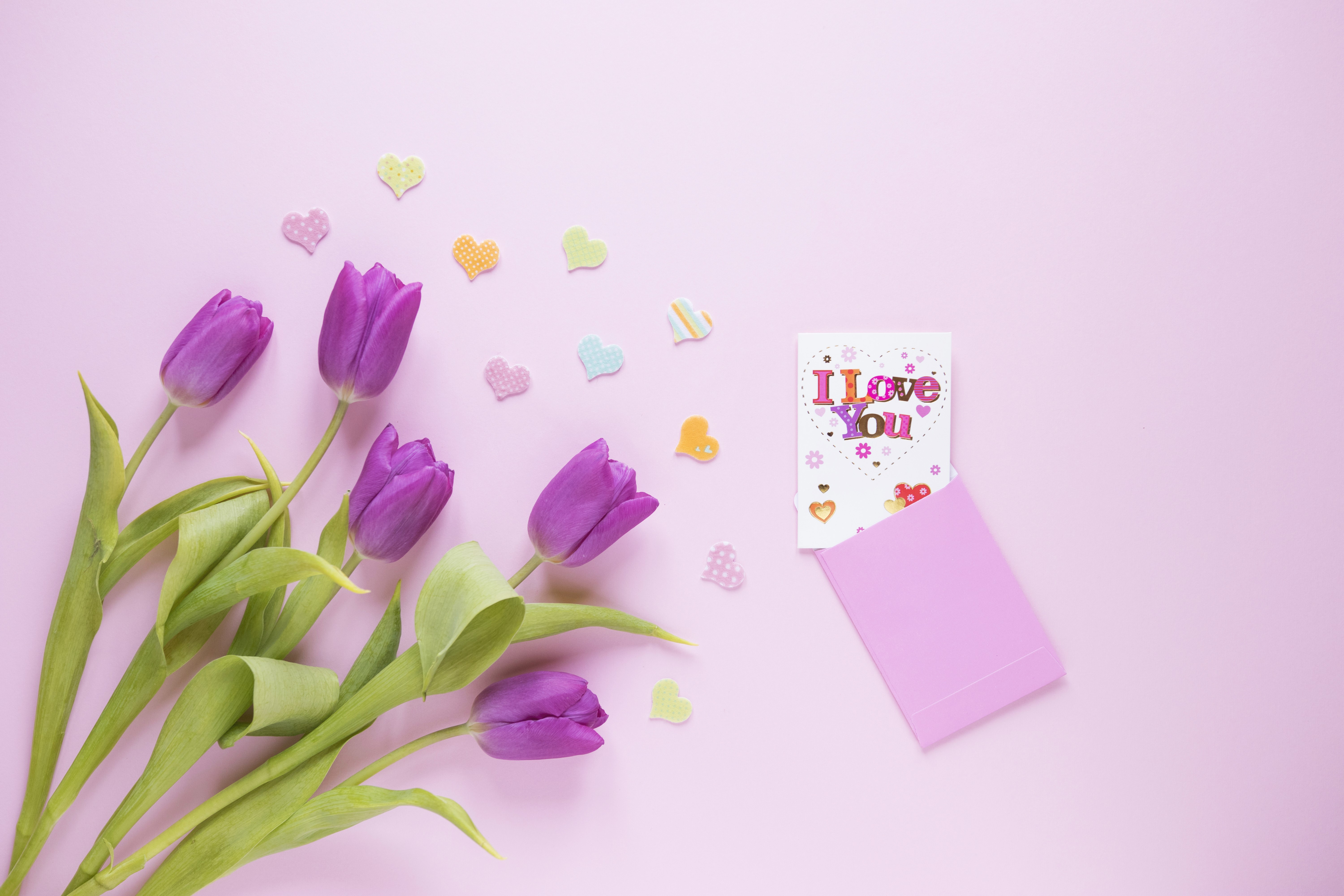 Purple Tulips with "I Love You" Card and Hearts HD Wallpaper