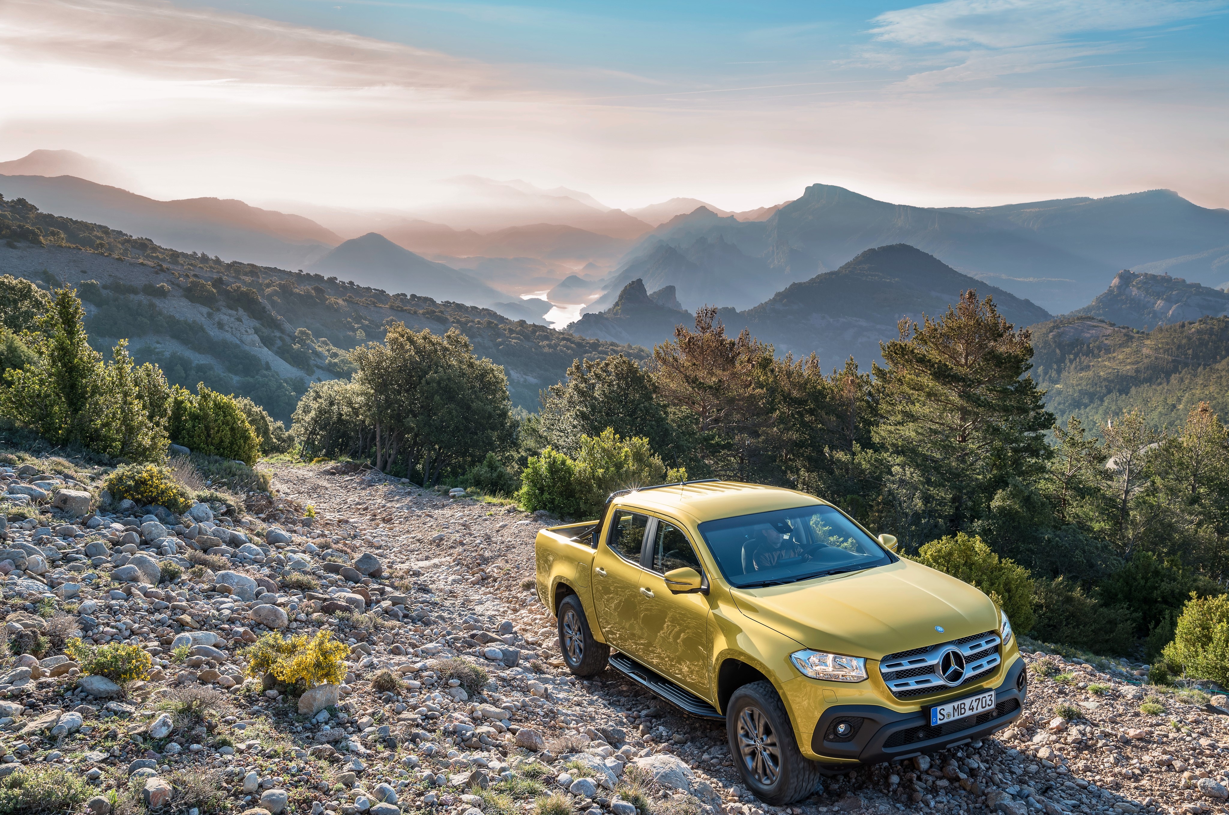 Yellow Mercedes-Benz X-Klasse Pickup in Mountains HD Wallpaper