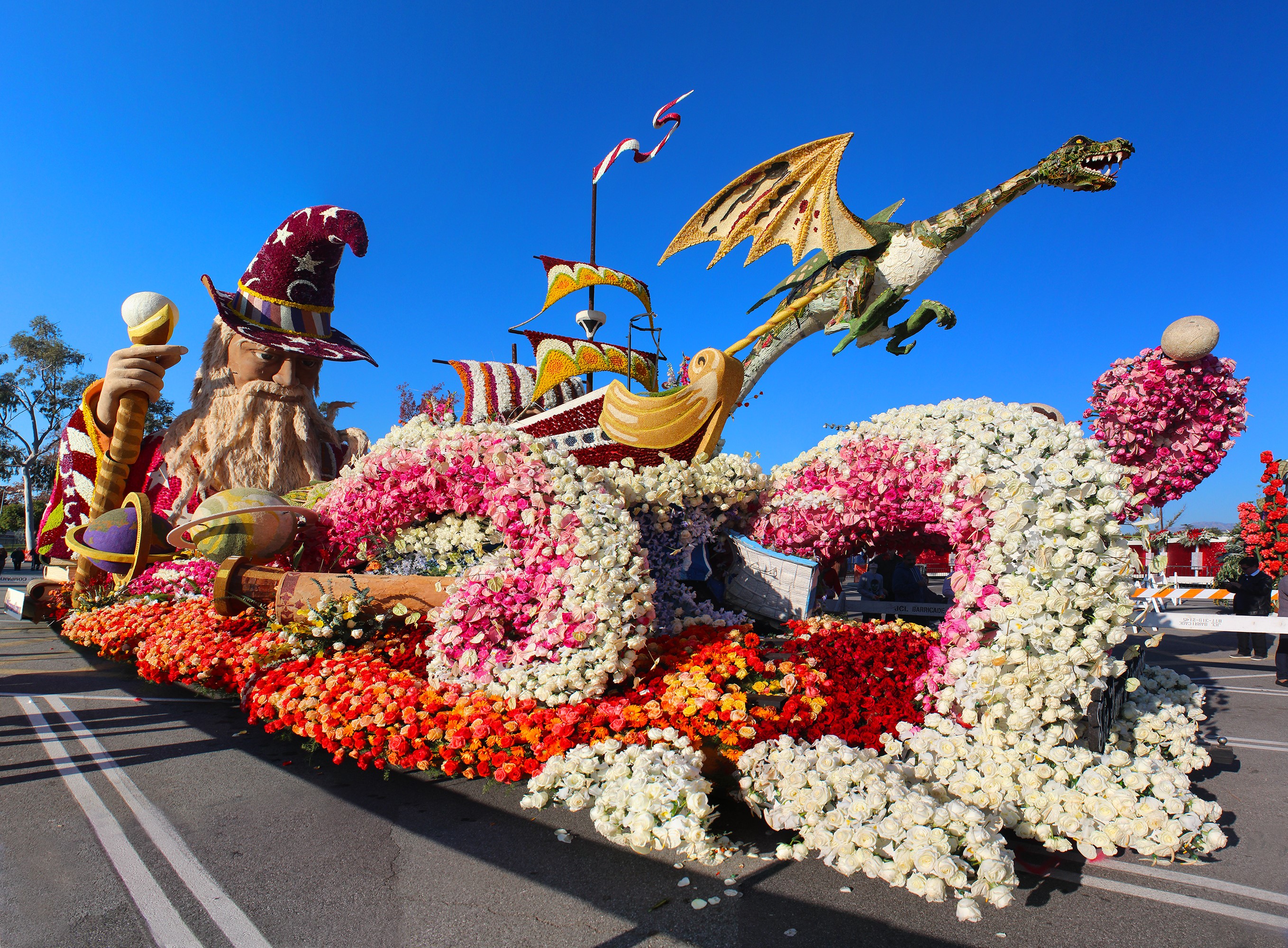 Fantasy float with wizard, ship, and dragon HD Wallpaper