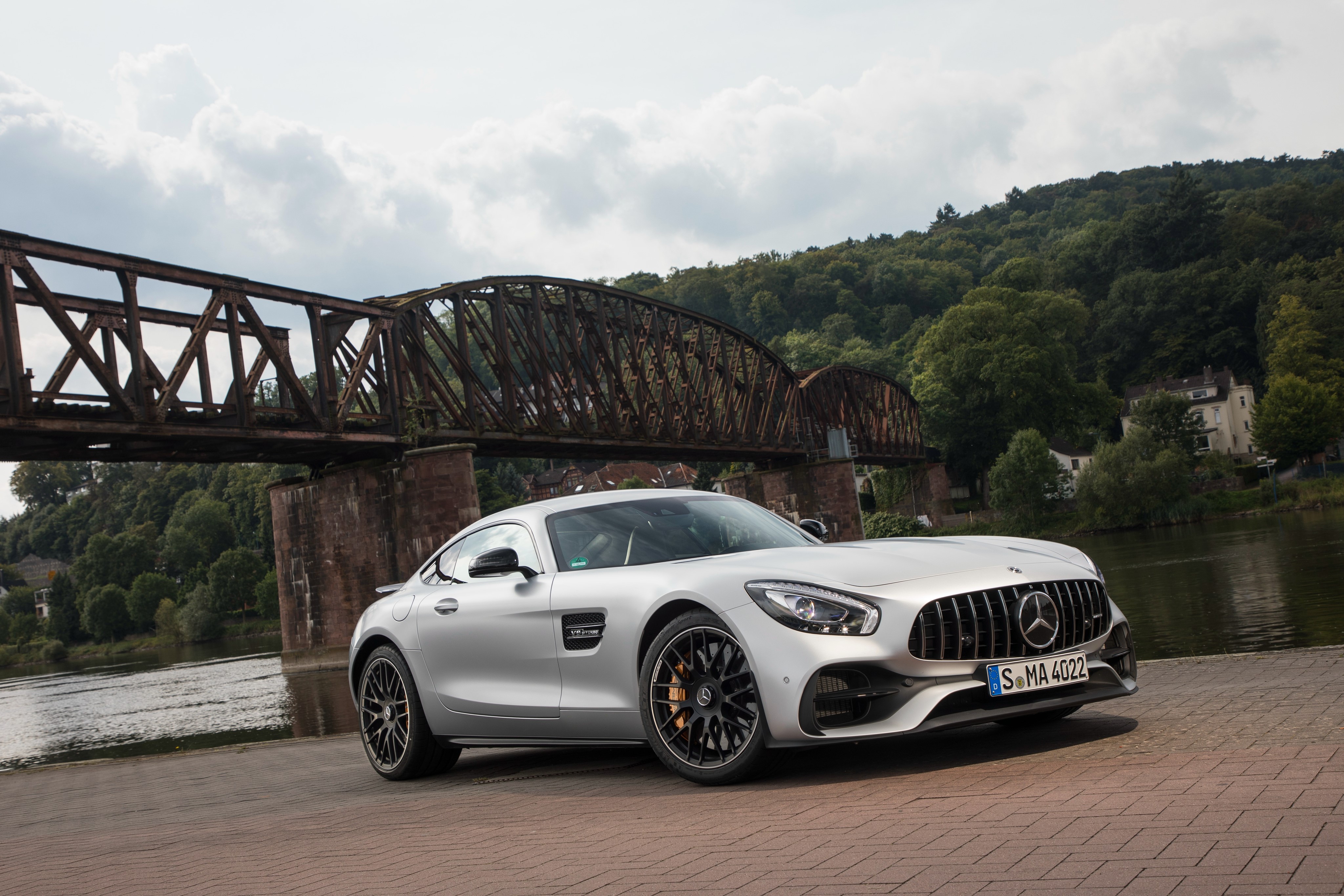 Silver 2017 Mercedes-Benz GT S by a Bridge HD Wallpaper