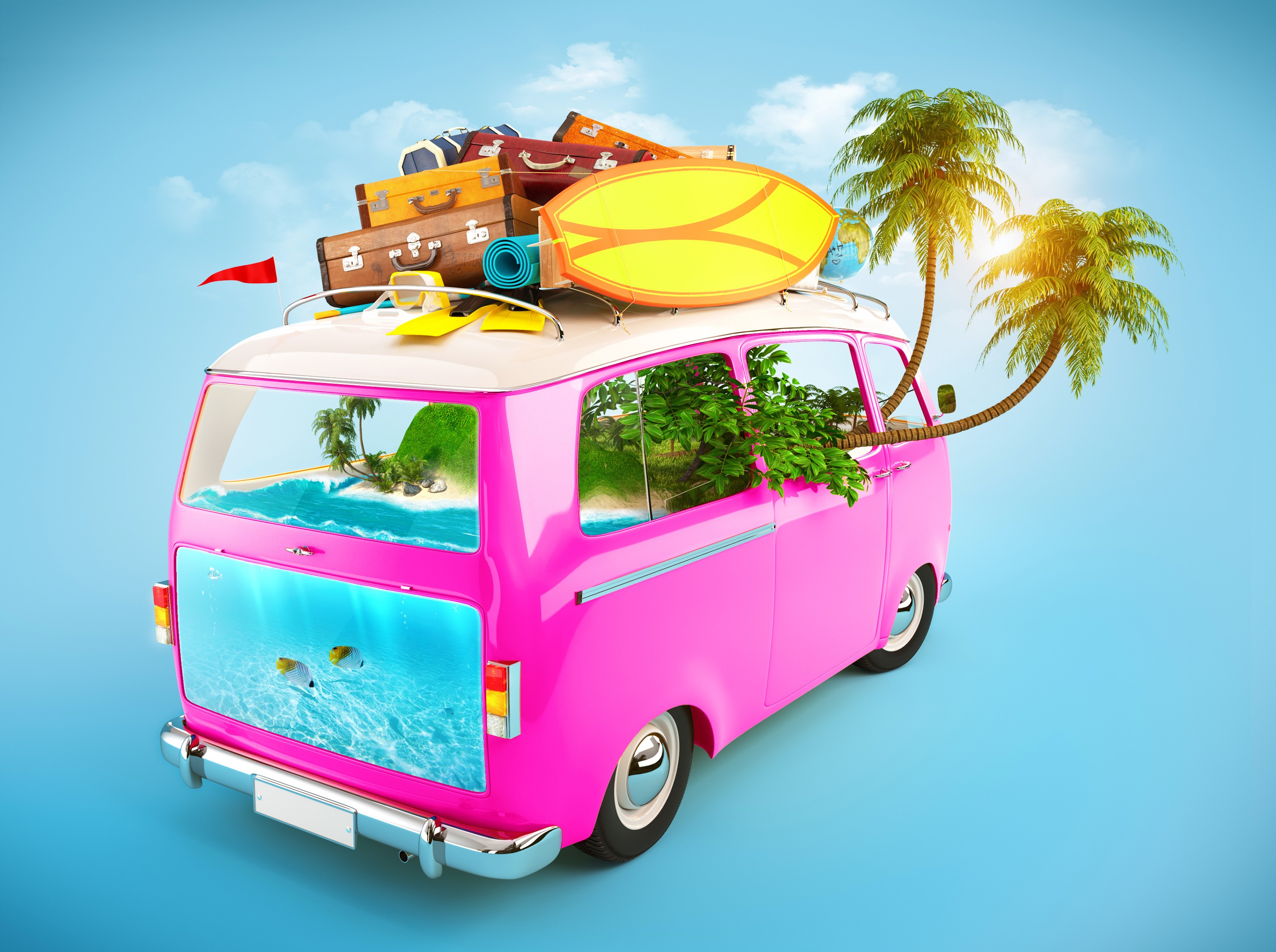 Pink van with luggage and surfboards on a tropical island HD Wallpaper