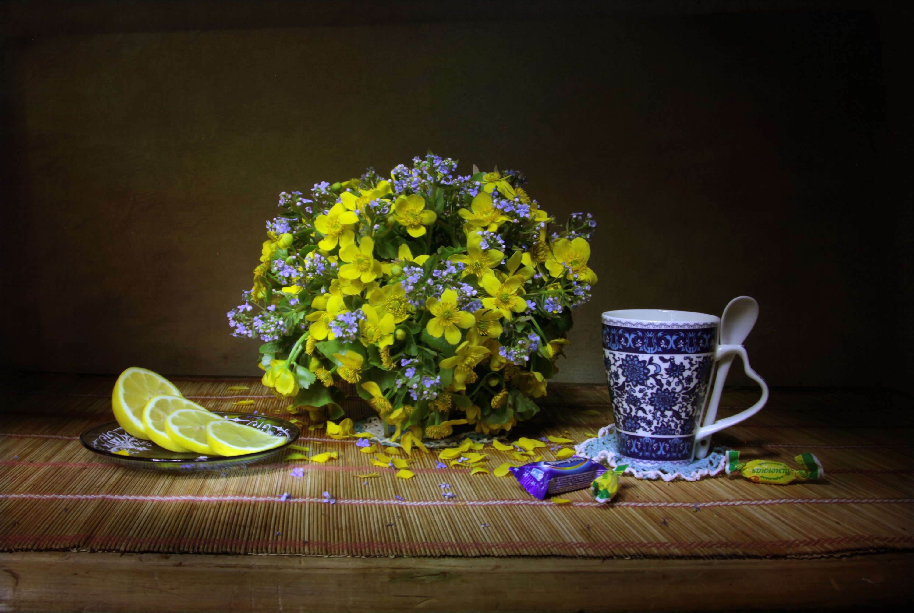 Still life with bouquet, lemons, cup, and candies HD Wallpaper