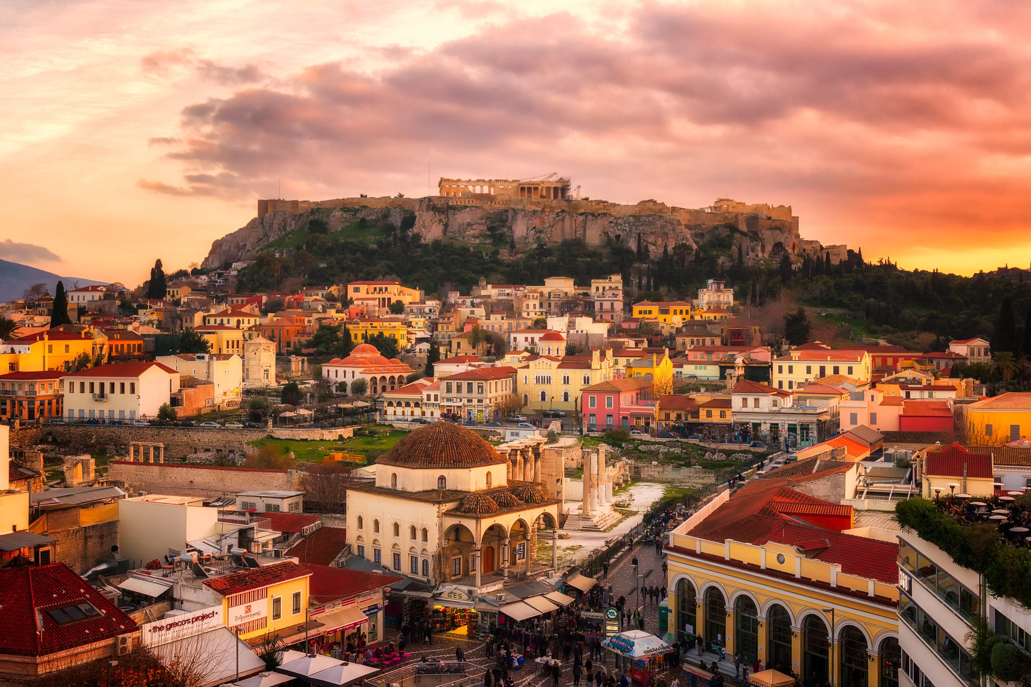Sunset over Athens with Ancient Ruins HD Wallpaper