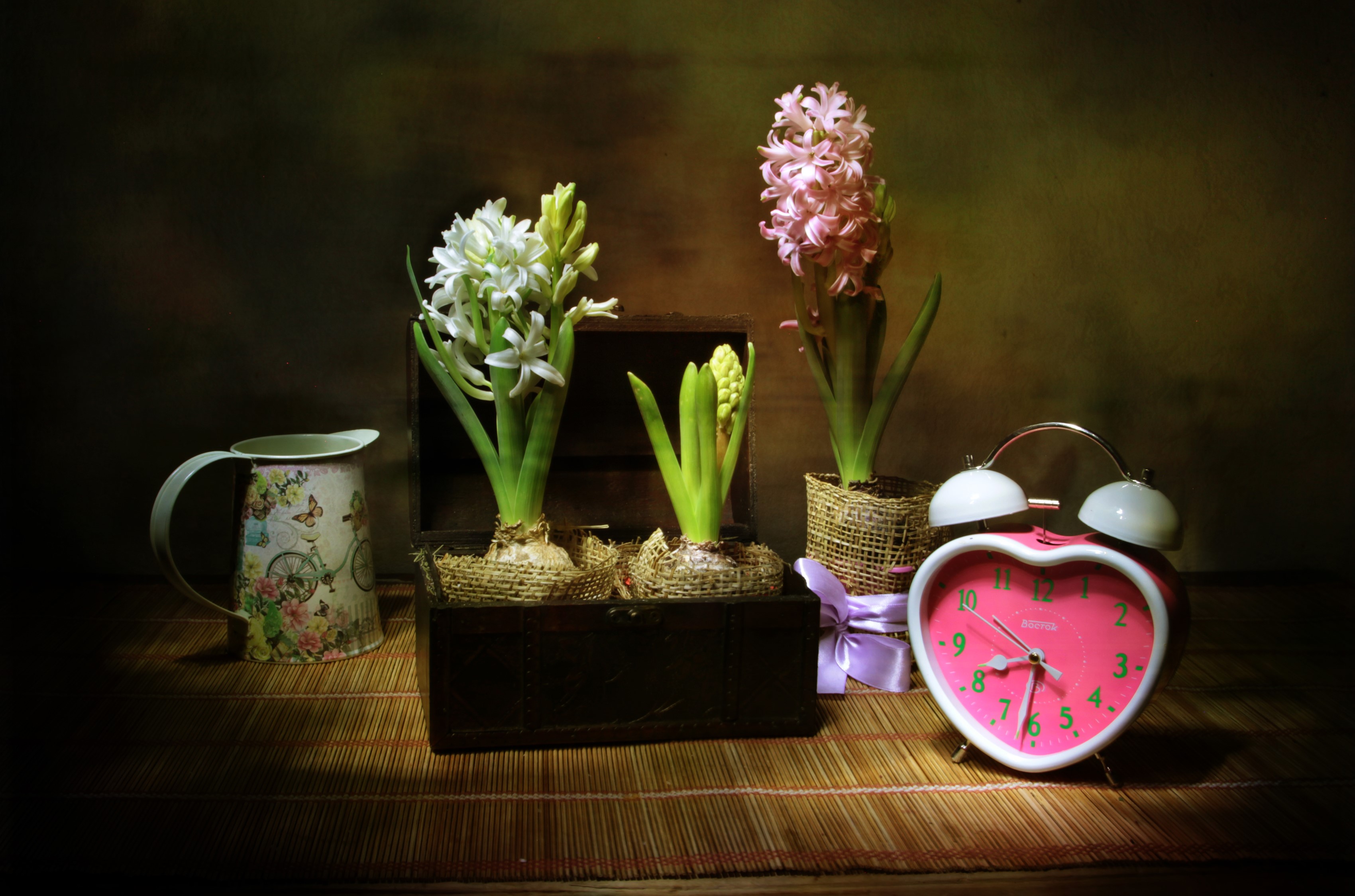 Still-life with Hyacinths, Chest, and Heart Alarm Clock HD Wallpaper
