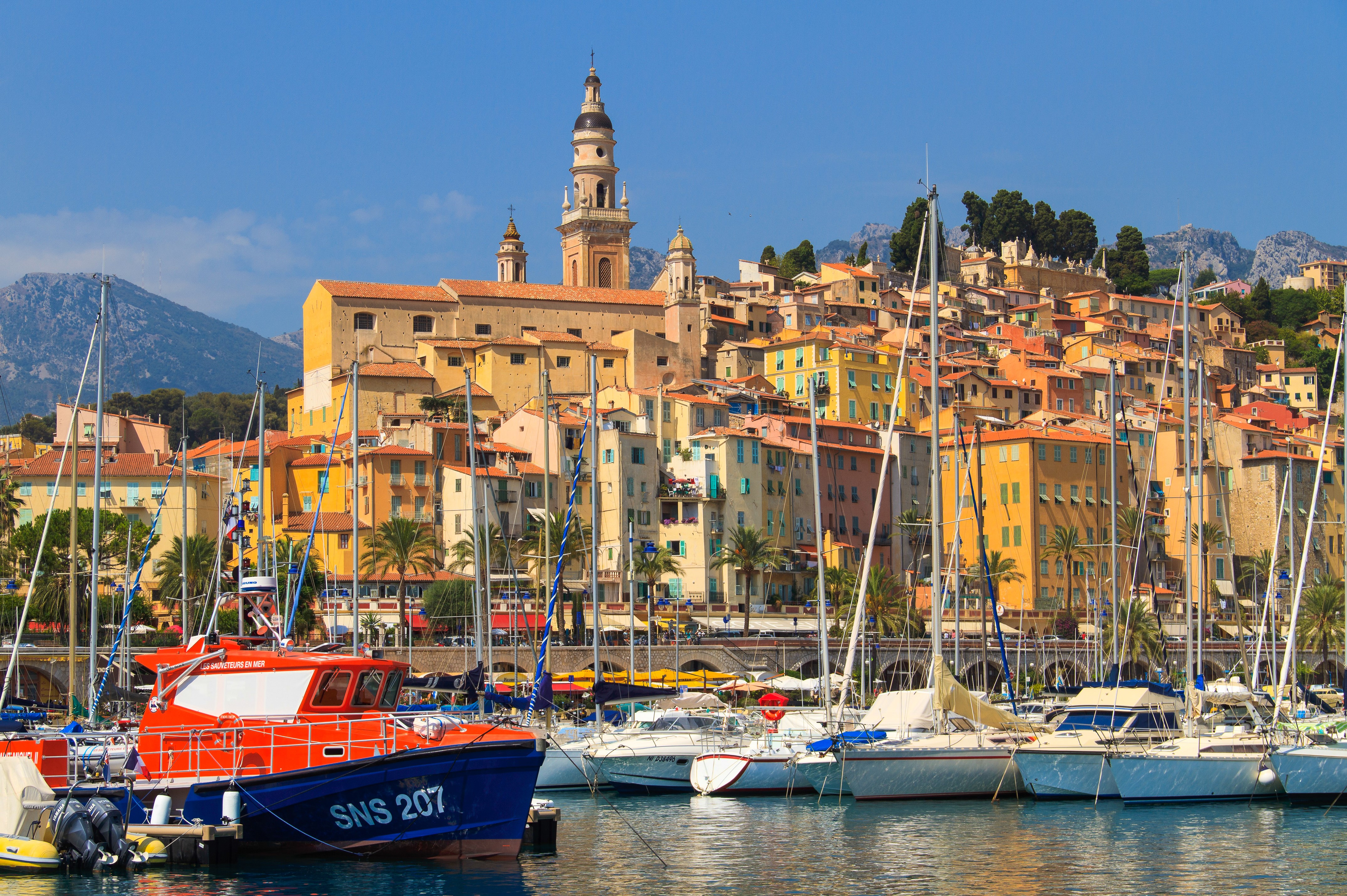 Menton, France Marina with Sailboats and Colorful Buildings HD Wallpaper