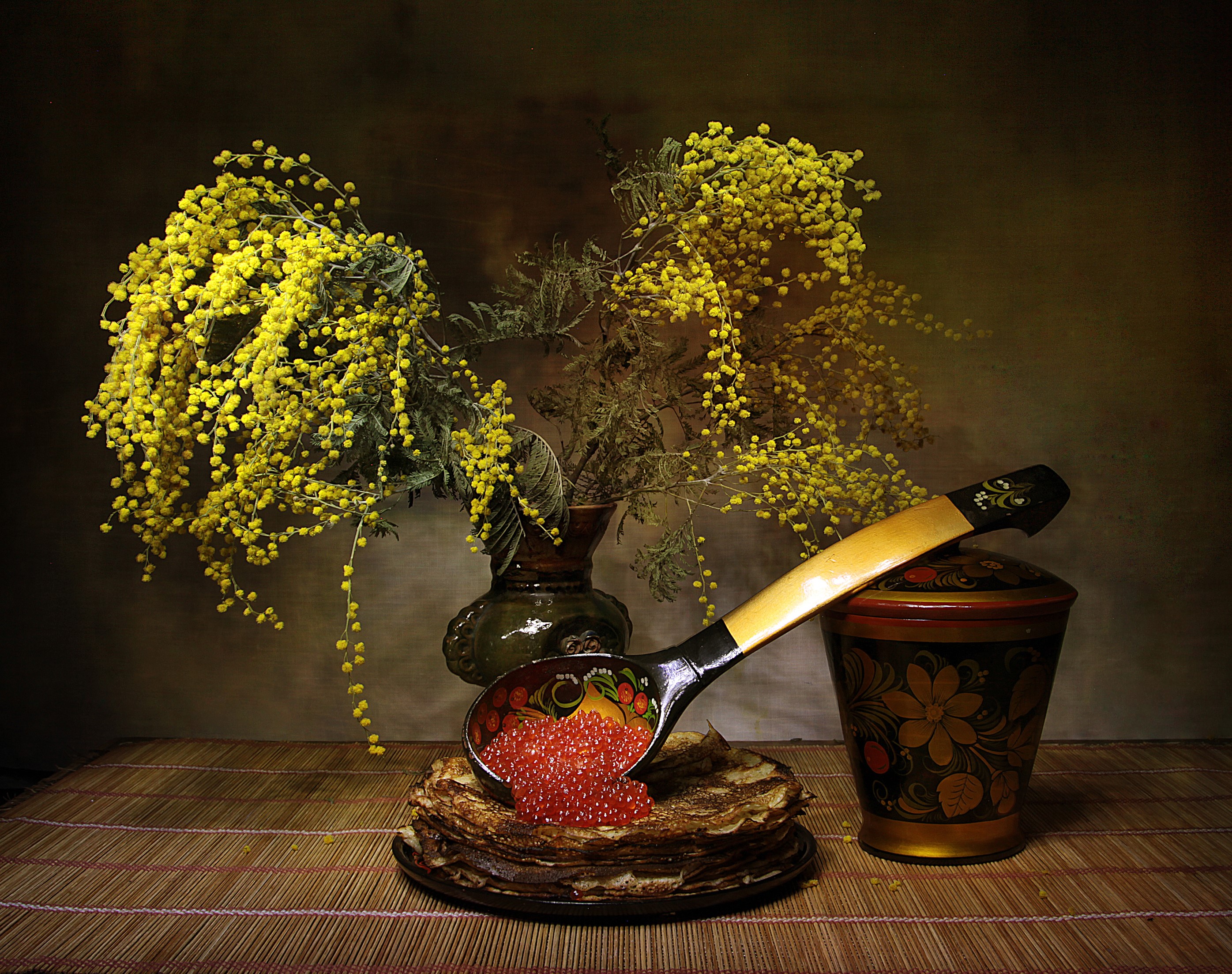 Still-life with mimosa, pancakes, and caviar HD Wallpaper