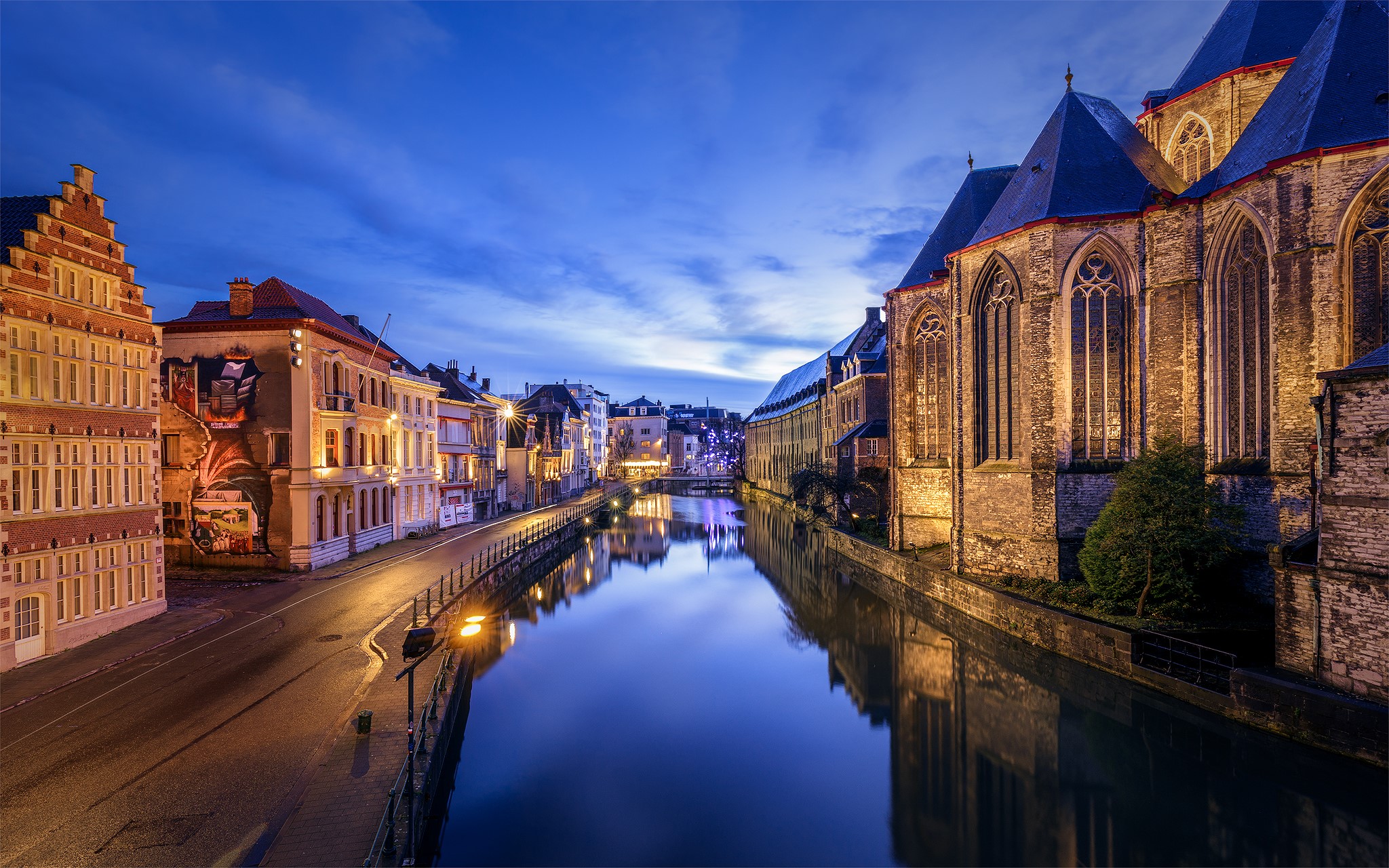 Ghent canal at dusk with historic buildings HD Wallpaper