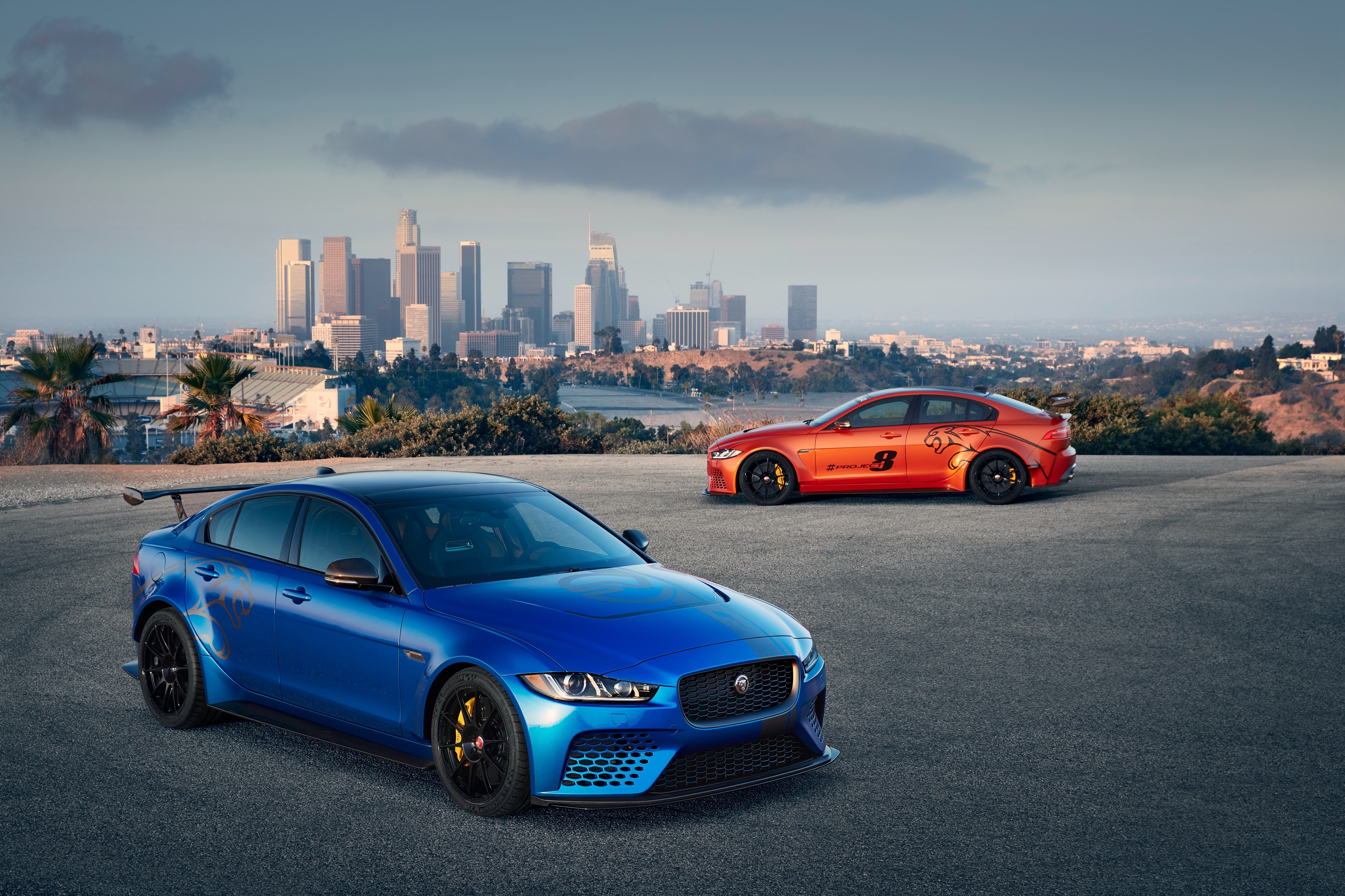 Two Jaguar XE SV Project 8 cars in Los Angeles HD Wallpaper