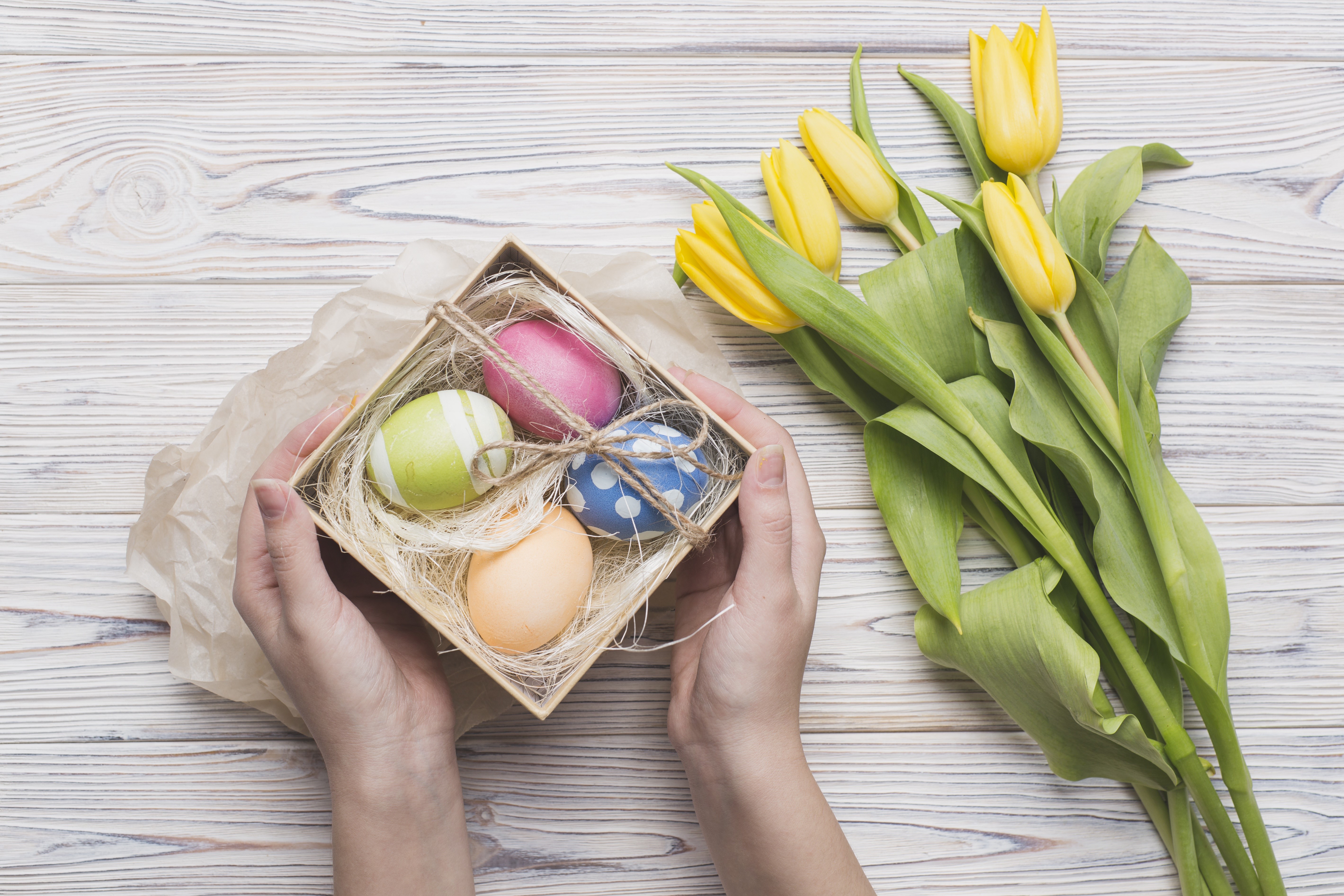 Easter eggs in a box with tulips HD Wallpaper