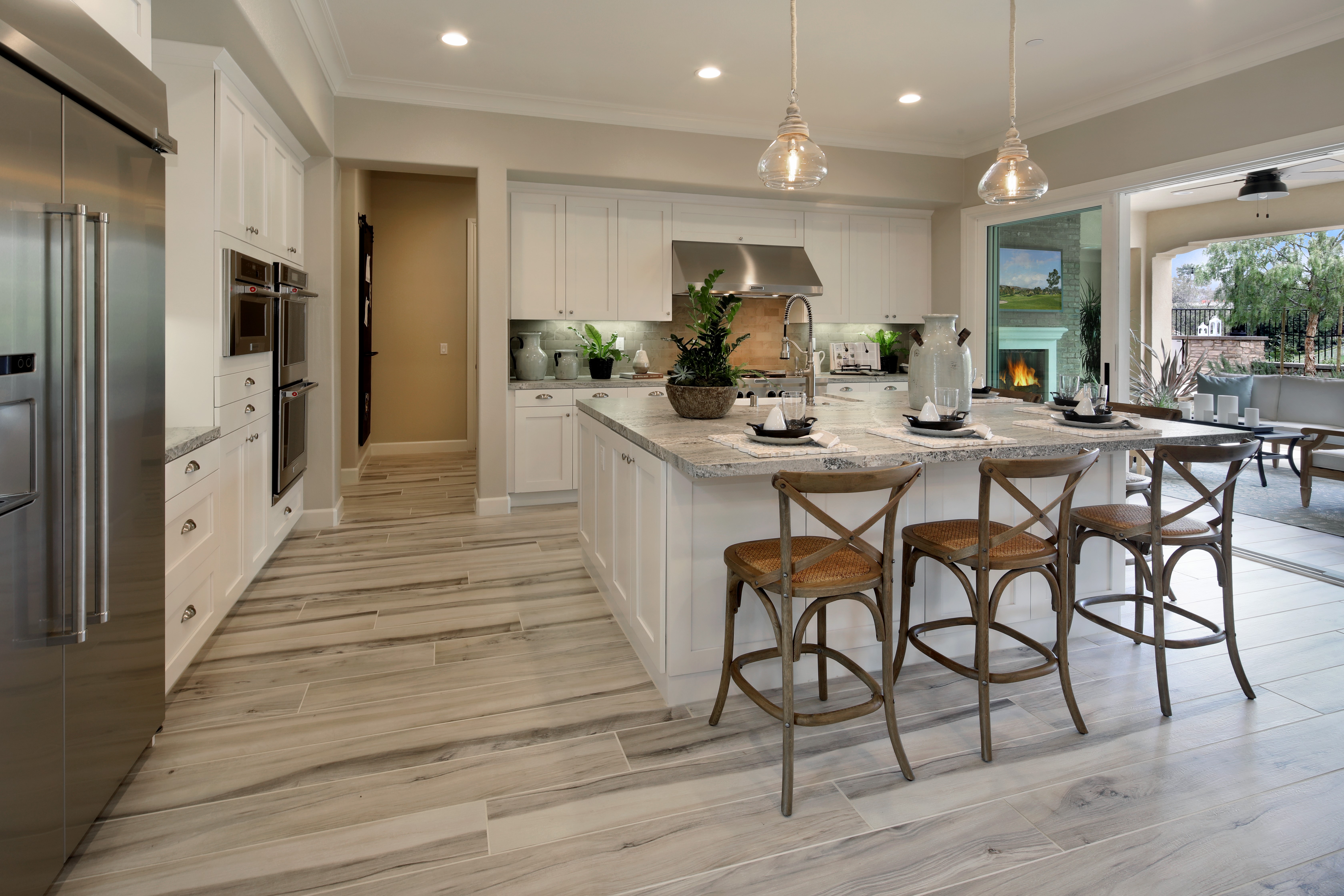 Modern Kitchen with Island and Outdoor Patio HD Wallpaper