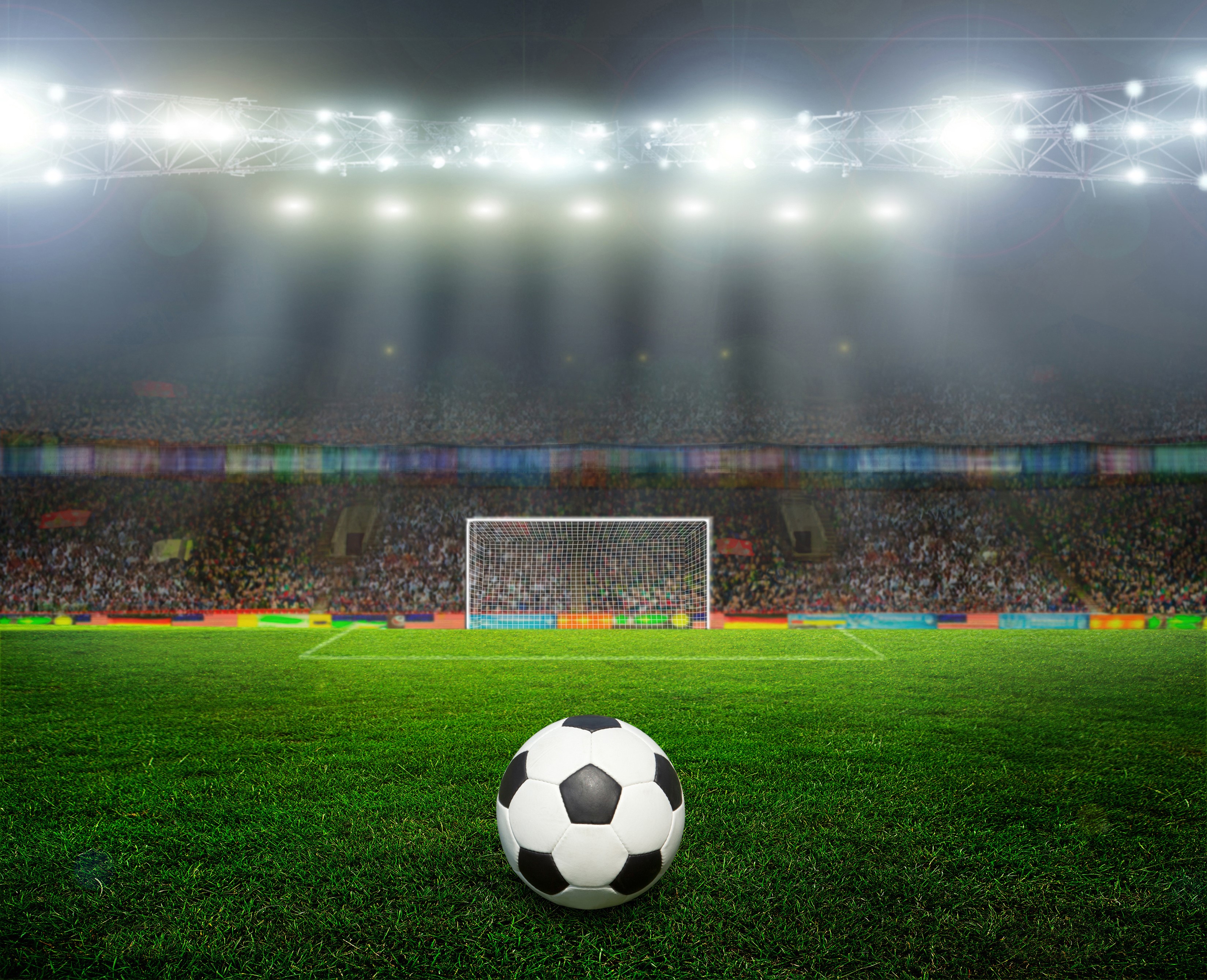 Soccer stadium with goal and ball on grass HD Wallpaper