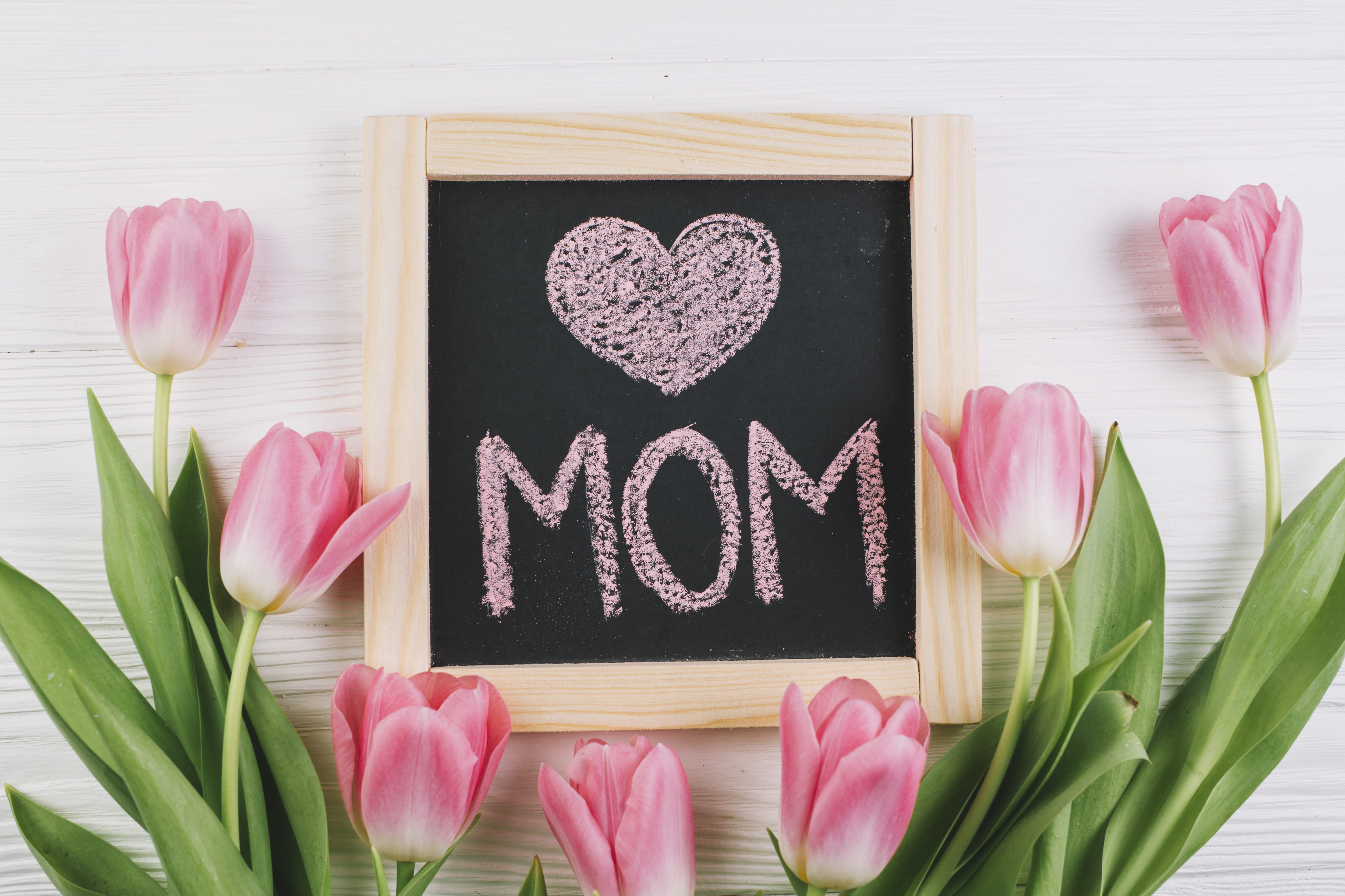 Pink Tulips and Chalkboard with "MOM" and Heart HD Wallpaper